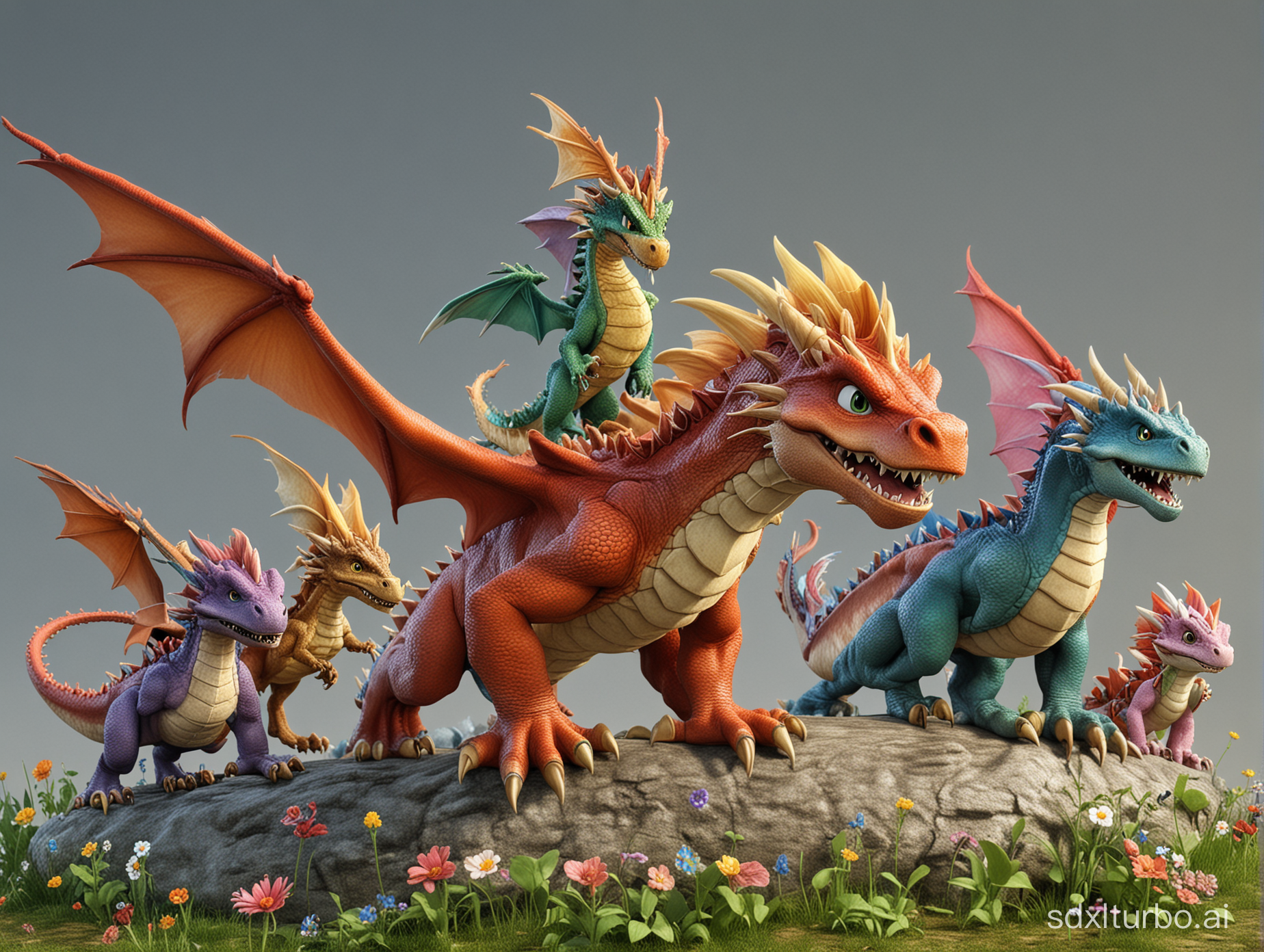 Mario and his friends as dragons,3d,very detailed,pretty,fantasy art,long tail,small wings,colourful