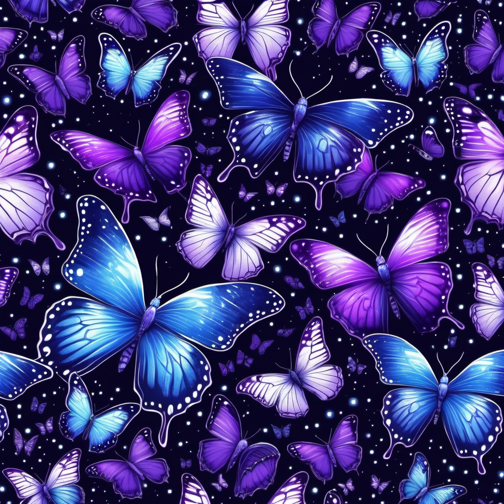Enchanting Purple and Blue Butterflies Fluttering in the Night