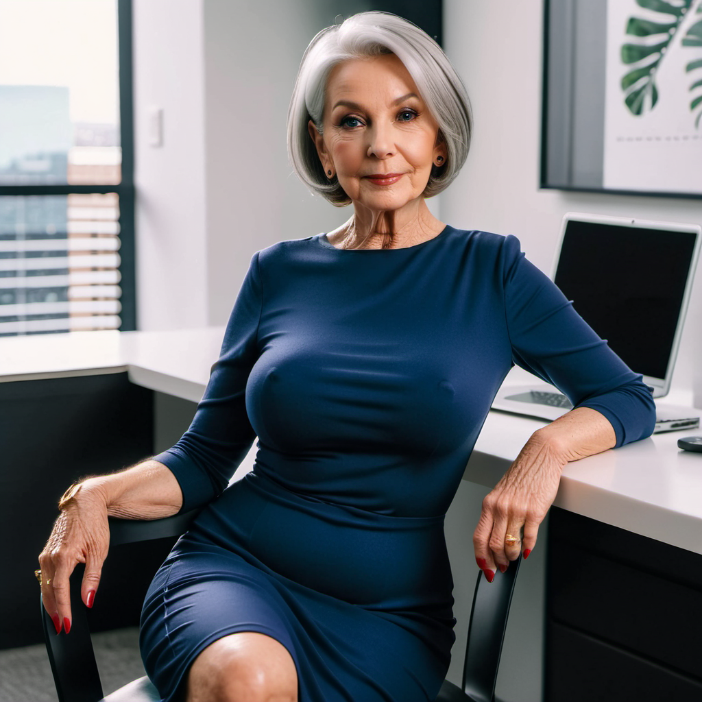  a slim beautiful 70-year-old woman with grey hair in a bob and big breasts wearing a skintight  navy dress and stiletto heels sitting in an office