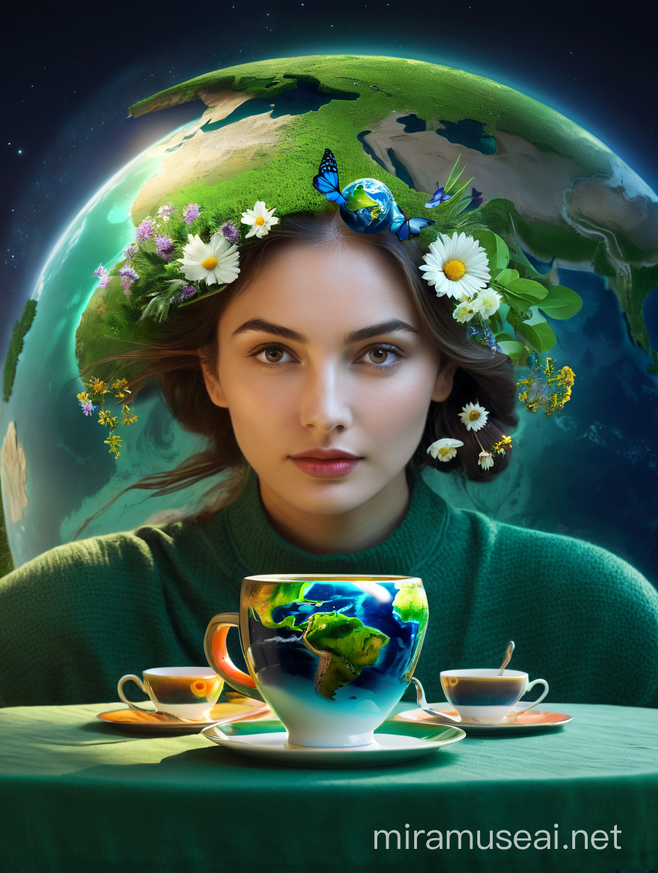 Generate a high-quality AI art piece featuring a Russian race face girl with flowers, trees, grass in her hair vibrant. . The girl's features should be detailed, emphasizing her Russian ethnicity. PLANET EARTH IN THE CUP, she is sitting behind the table with a cup holding the planet Earth inside, emitting a shining light. The cup should radiate a soft, ethereal glow to accentuate Earth. PLANET EARTH IN THE CUP, The table should have a green organic tablecloth made of grass should look natural and flowing, set against the backdrop of the Earth planet with a focus on save Earth, green ecology.  The background featuring Earth should be visually striking, portraying the beauty and fragility of the planet. The overall artwork should blend realism with a touch of surrealism, creating a captivating and thought-provoking visual narrative.