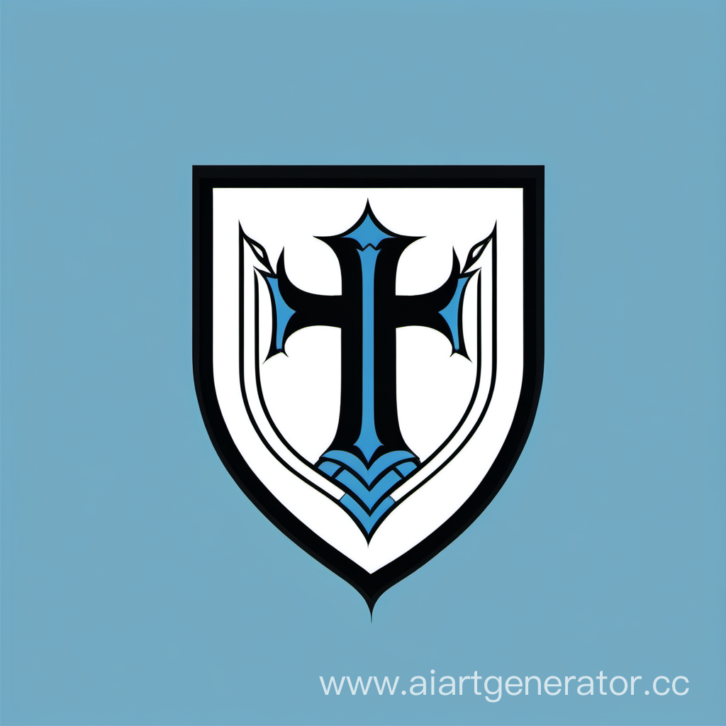 Минималистичный логотип, пустой феодальный герб с буквой посередине, чёрный, белый, голубой цвета