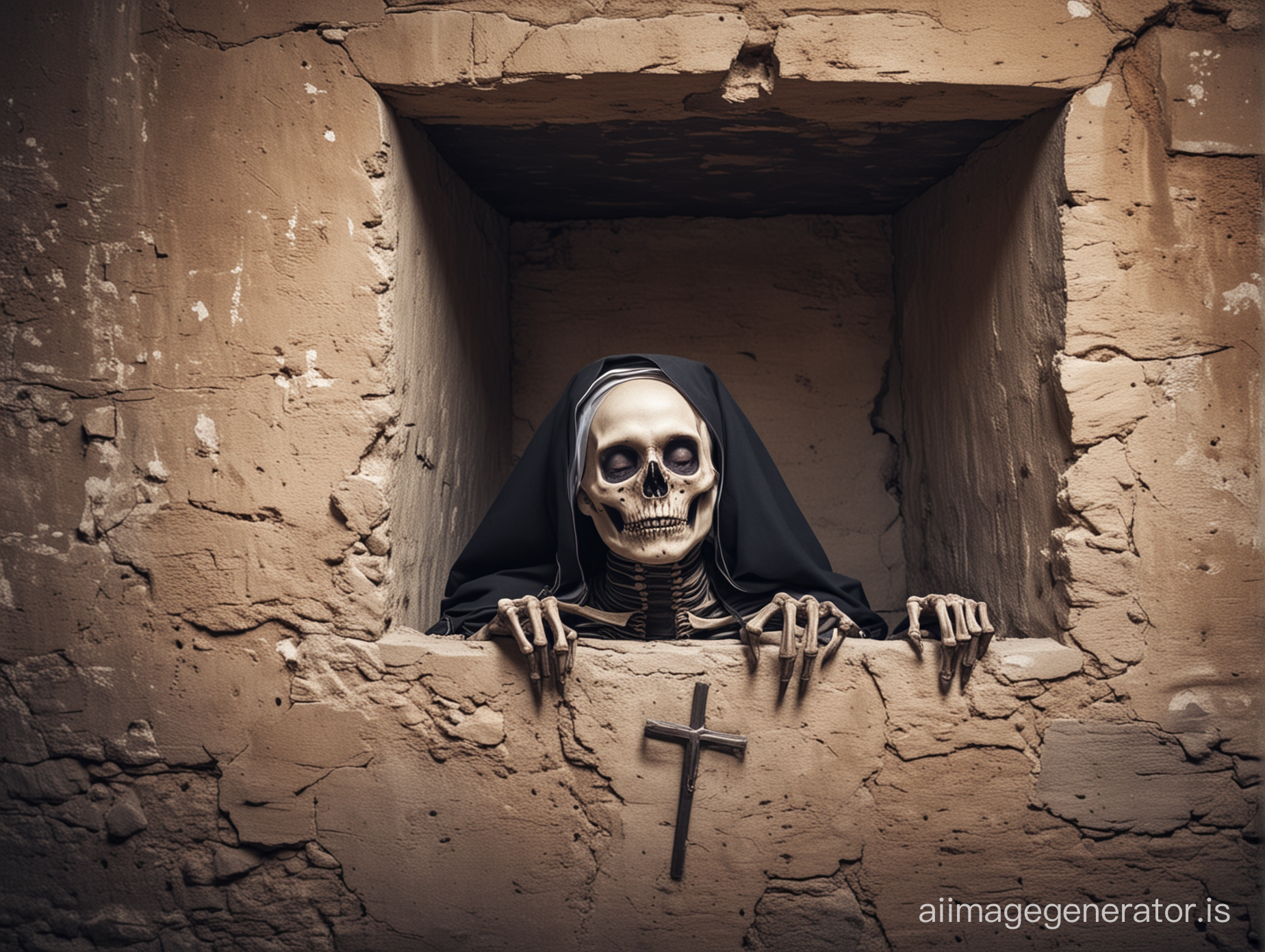 disturbing death nun corpse, skeleton
 trapped inside  a wall, nightmare