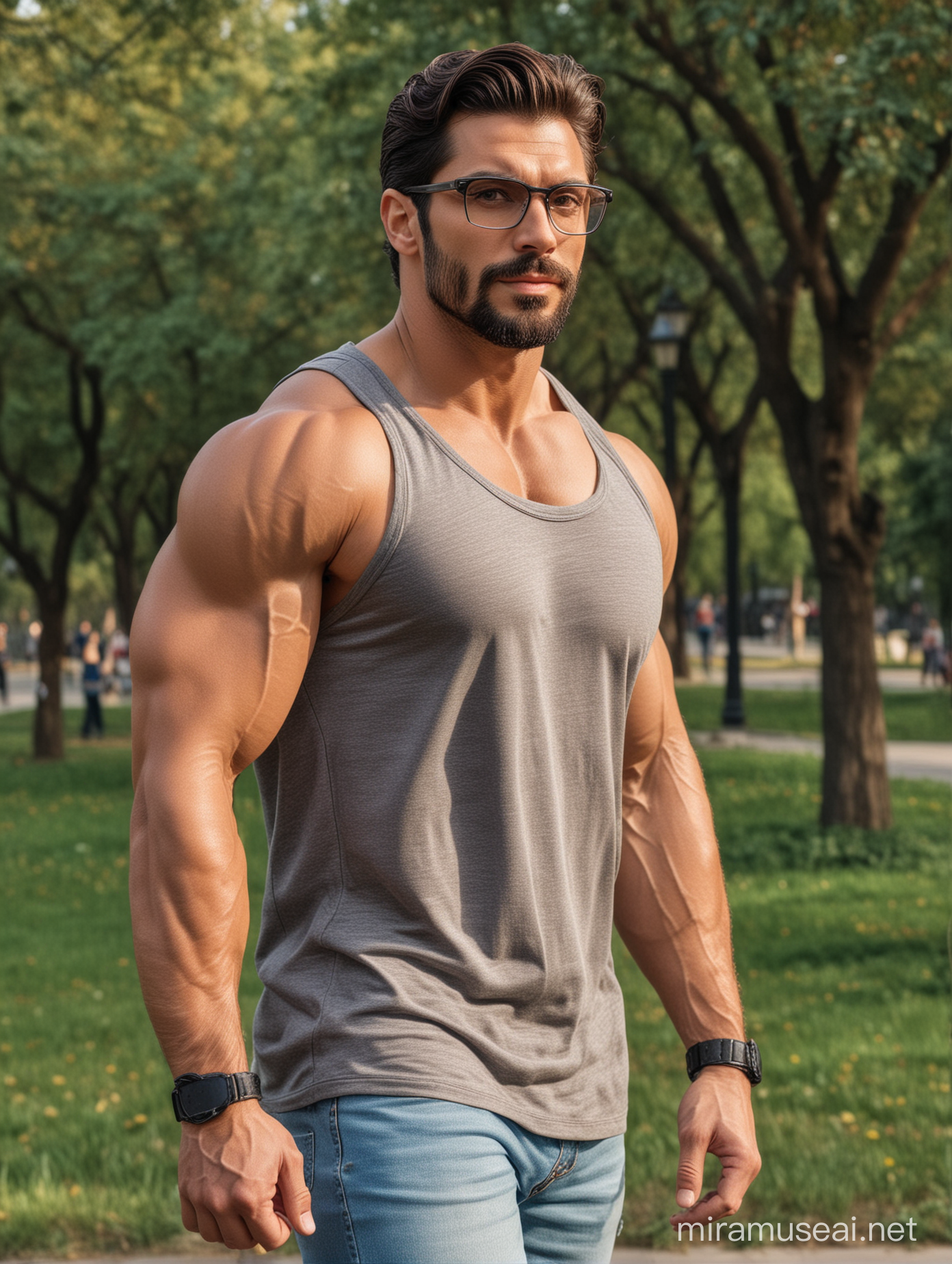 Tall and handsome bodybuilder Superman with beautiful hairstyle and beard with attractive eyes and Big wide shoulder and chest in shirt with glasses walking on park 