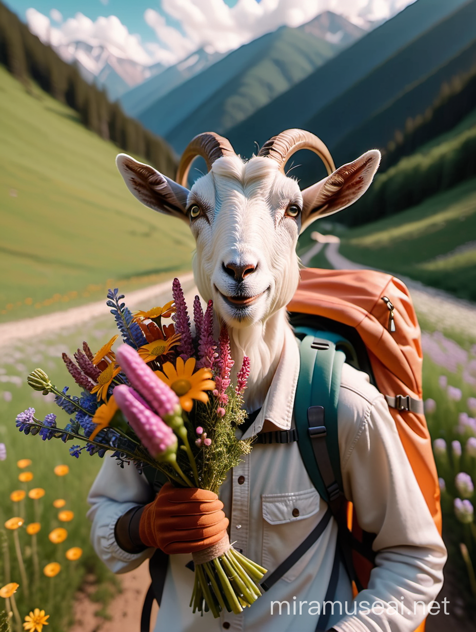 Anthropomorphic Goat Backpacker with Wildflower Bouquet in Cinematic Pose