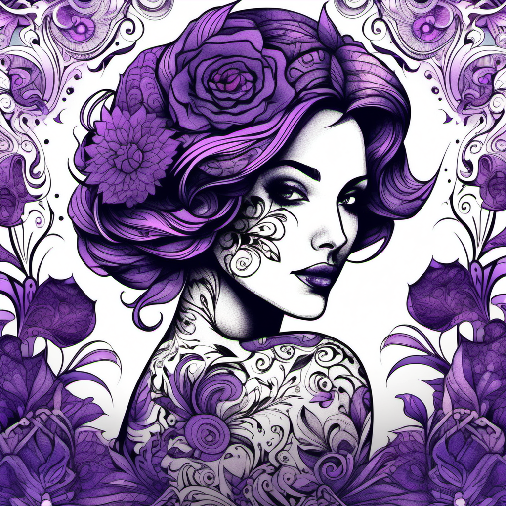 Elegant Woman with Floral Pattern Skin in Vivid Purple Ink Art Portrait