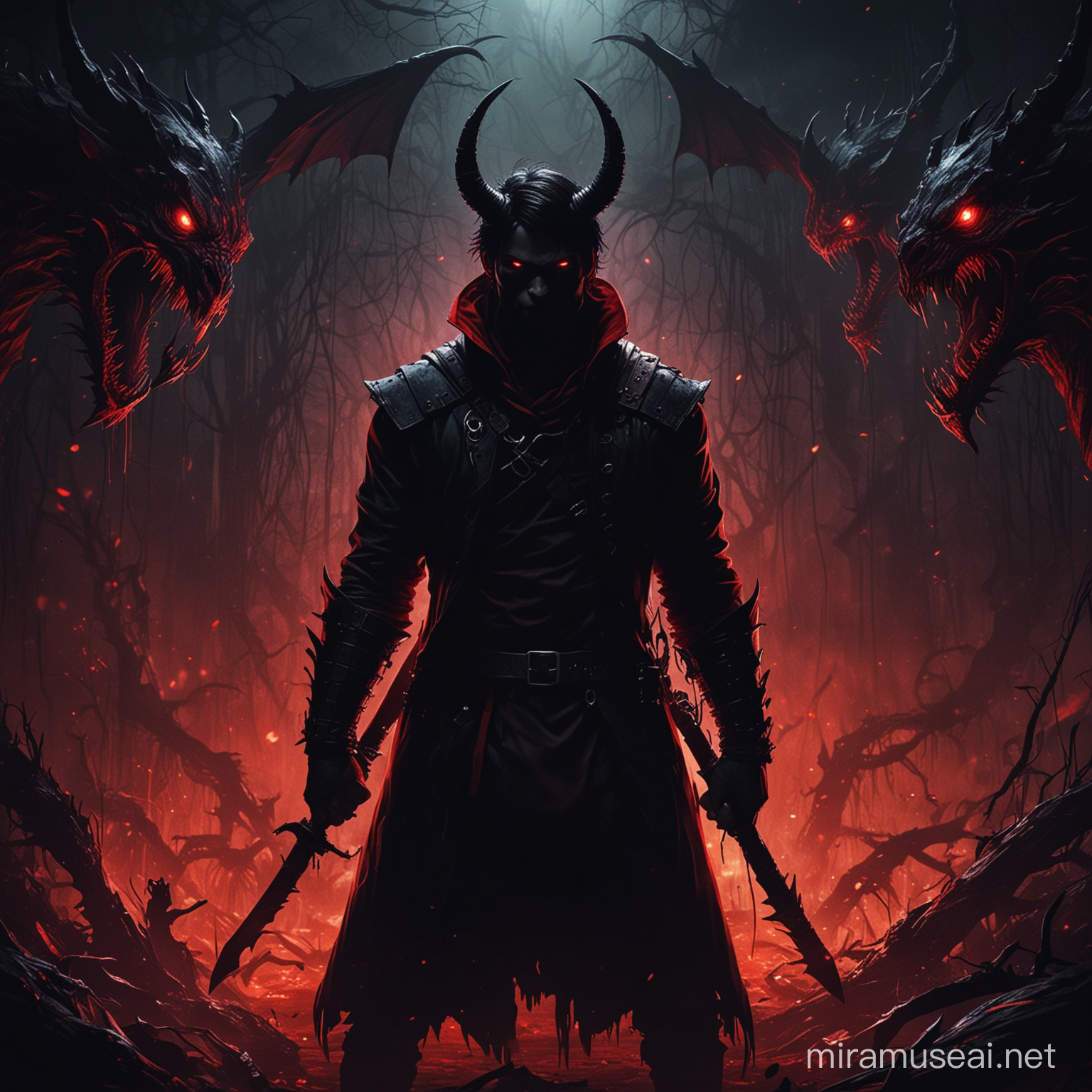 Darkness background pit, dark emotions, red and black vibrant colours, hunter protagonist, demonic creatures, darkness 