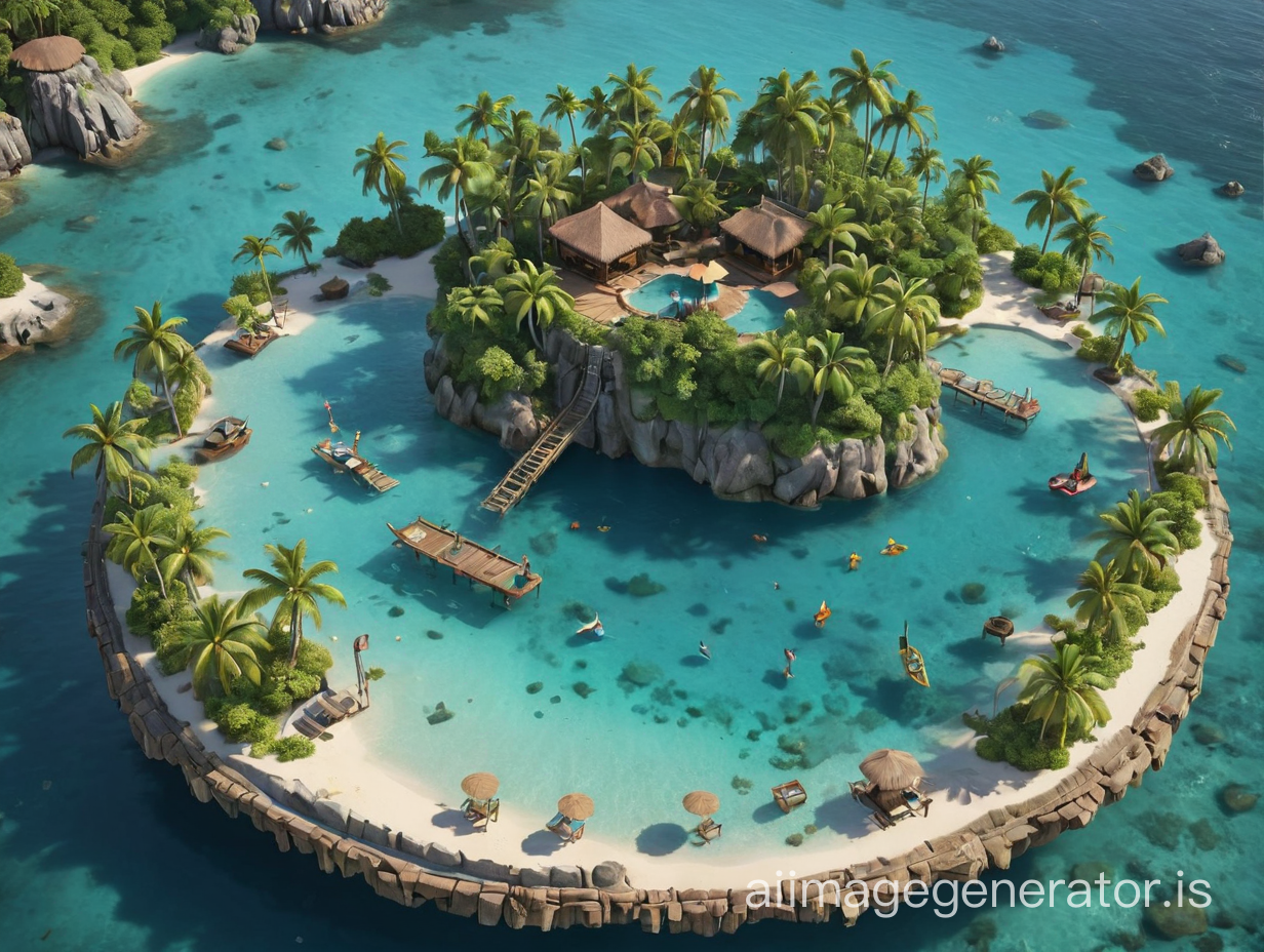 a minimap diorama of tropical island with coctail bar surrounded by turqouise crystal clear water