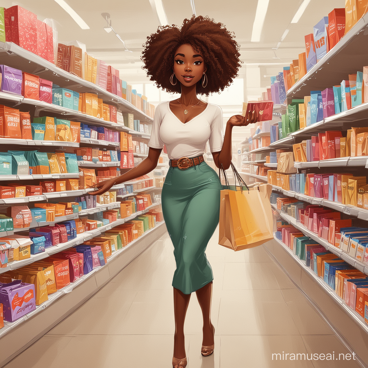 Cheerful Cartoon African American Woman Enjoying Shopping Spree