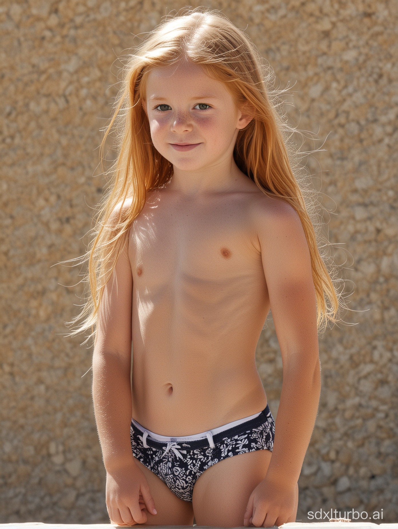 8 years old, long ginger hair, flat chested, very muscular abs, showing her belly, at Saint-Tropez