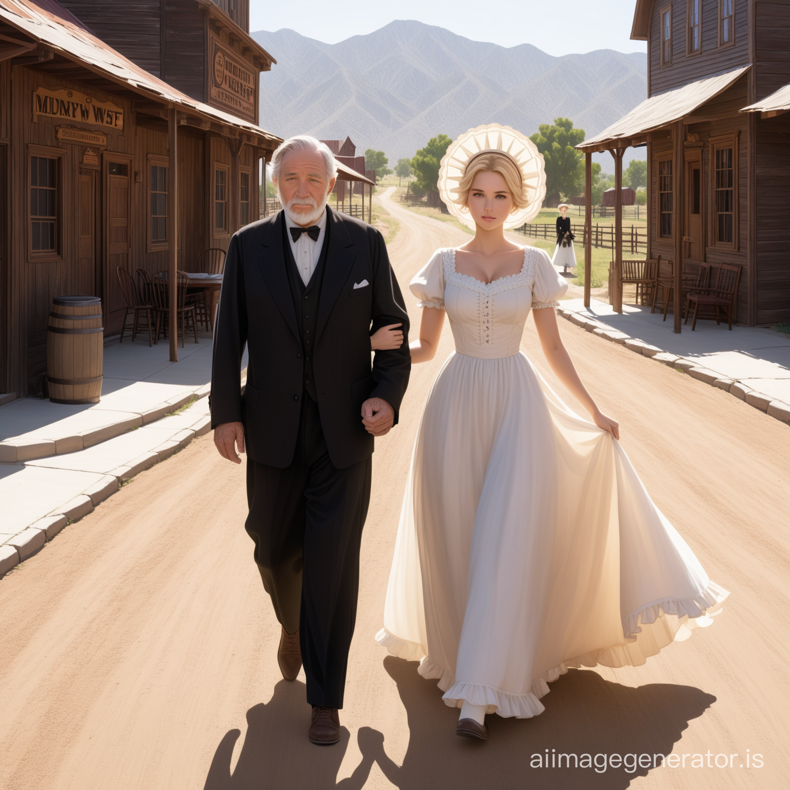 Susan Storm from the FF4 wearing a brown floor-length loose billowing old west poofy modest dress as a farmer's wife with a frilly bonnet walking on a old west era sidewalk with an old man dressed into a black suit who seems to be her newlywed husband