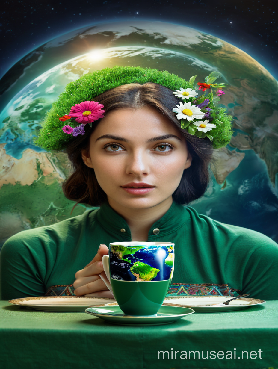 VISICANVAS style, VisiCanvas style, Generate a high-quality AI art piece featuring a Russian race face girl with flowers, trees, grass in her hair vibrant. . The girl's features should be detailed, emphasizing her Russian ethnicity. PLANET EARTH IN THE CUP, she is sitting behind the table with a cup holding the planet Earth inside, emitting a shining light. The cup should radiate a soft, ethereal glow to accentuate Earth. PLANET EARTH IN THE CUP, The table have a green organic tablecloth made of grass should look natural and flowing, set against the backdrop of the Earth planet with a focus on save Earth, green ecology.  The background featuring Earth should be visually striking, portraying the beauty and fragility of the planet. The overall artwork should blend realism with a touch of surrealism, creating a captivating and thought-provoking visual narrative.