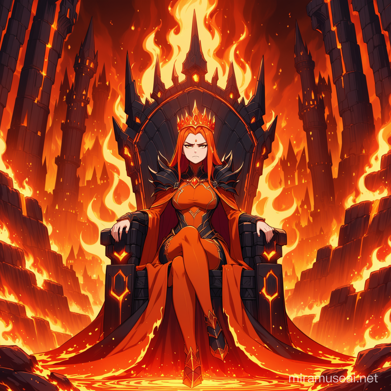 Description: The Lava Queen sits on her throne in a grand and fiery castle. She looks bored and frustrated, with flames flickering in the background.
Character: Lava Queen (female), sitting on throne, looking bored.