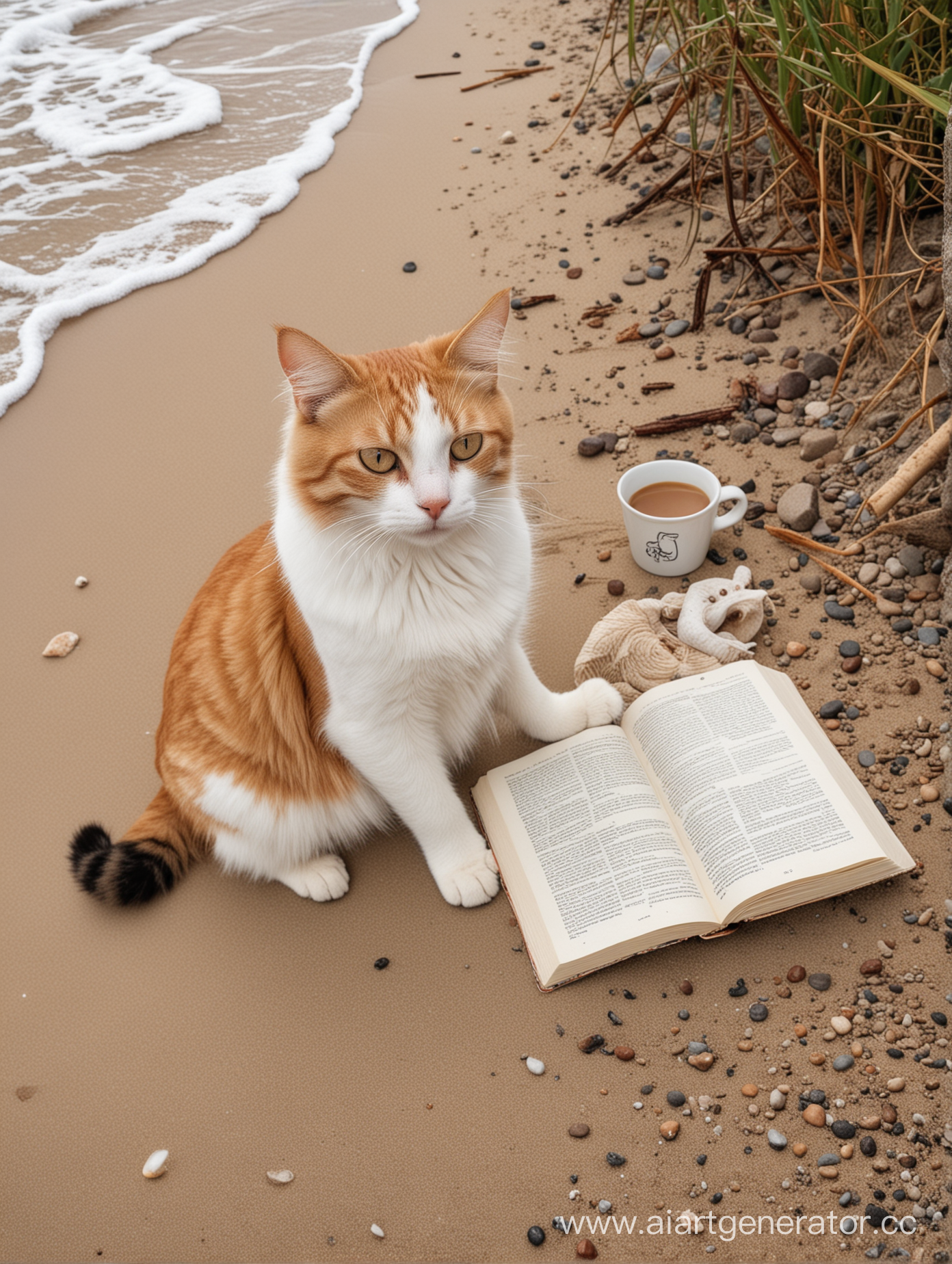 Кот сидит на берегу моря с книгой и чашкой кофе в лапах в лапах