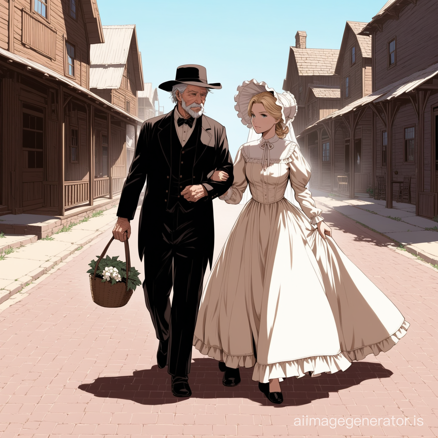 Susan Storm from the FF4 wearing a calicot floor-length loose billowing old west poofy modest dress as a farmer's wife with a frilly bonnet walking on a old west era sidewalk with an old man dressed into a black suit who seems to be her newlywed husband