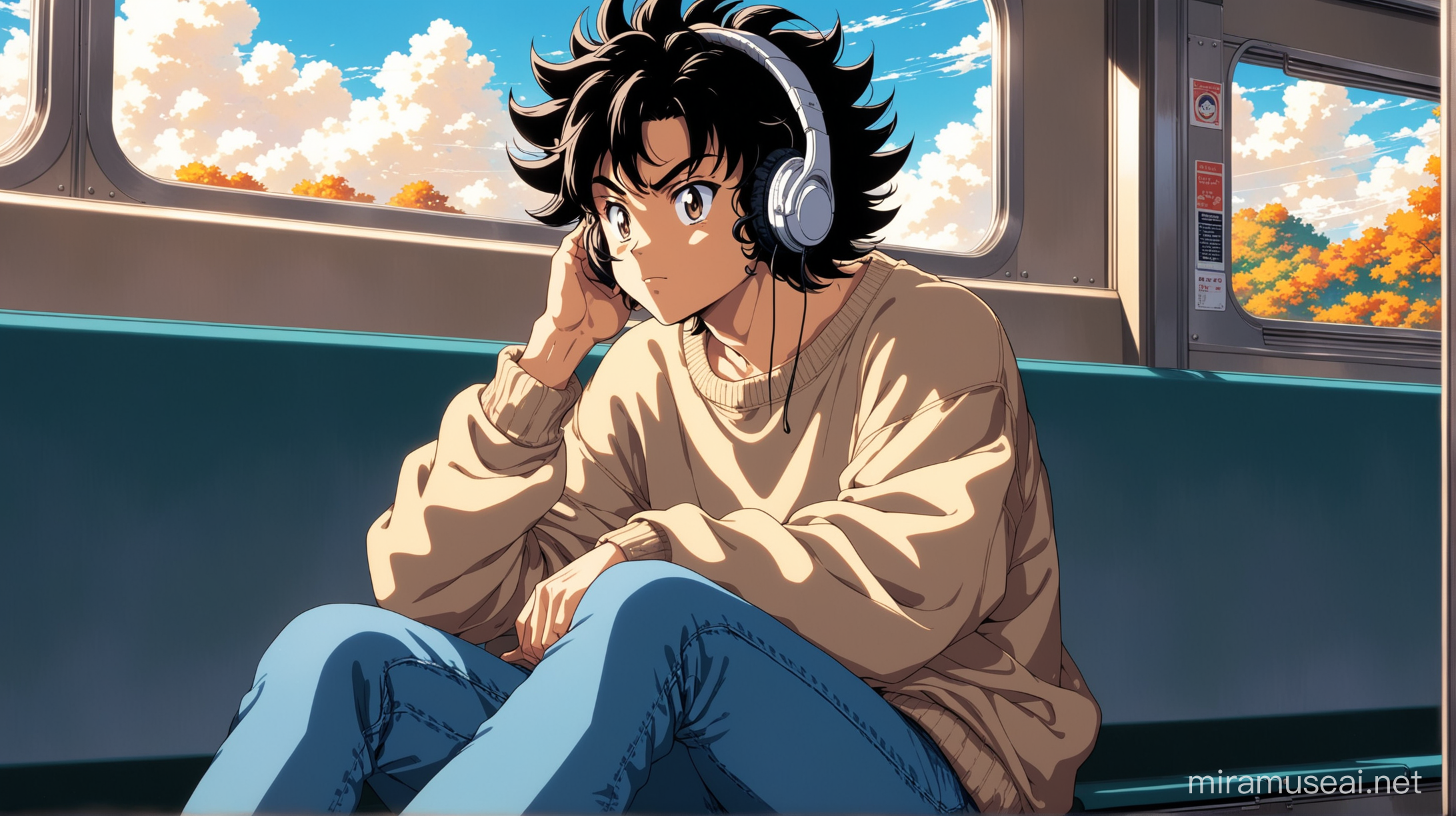 90s anime, detailed,scenic,pretty black with medium length puffy black curly hair sitting in a train and wearing headphones, goku should be looking out the window and wearing a sweater, jeans and converse shoes