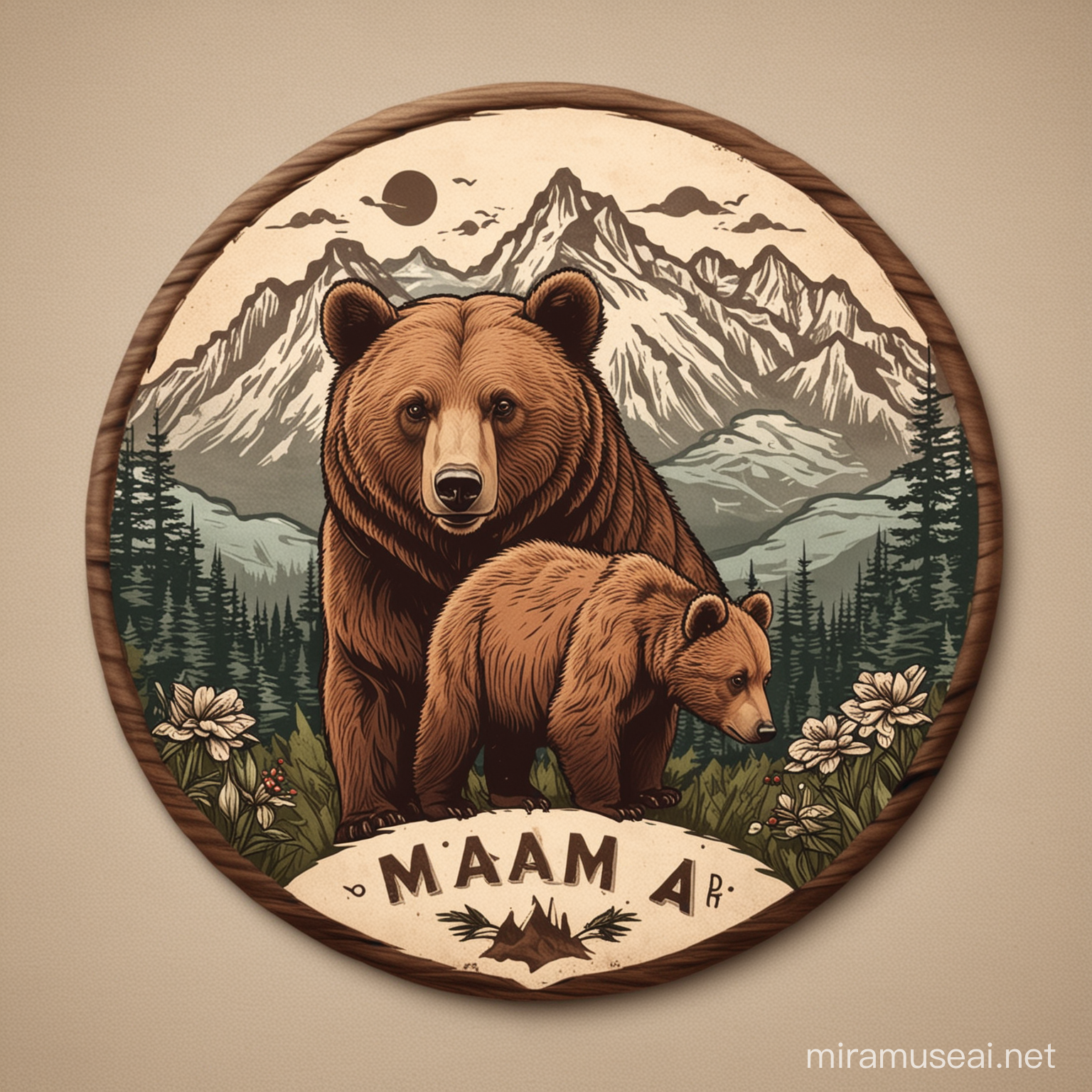 Mama Bear and Cub Emblem amidst Majestic Mountain Scenery