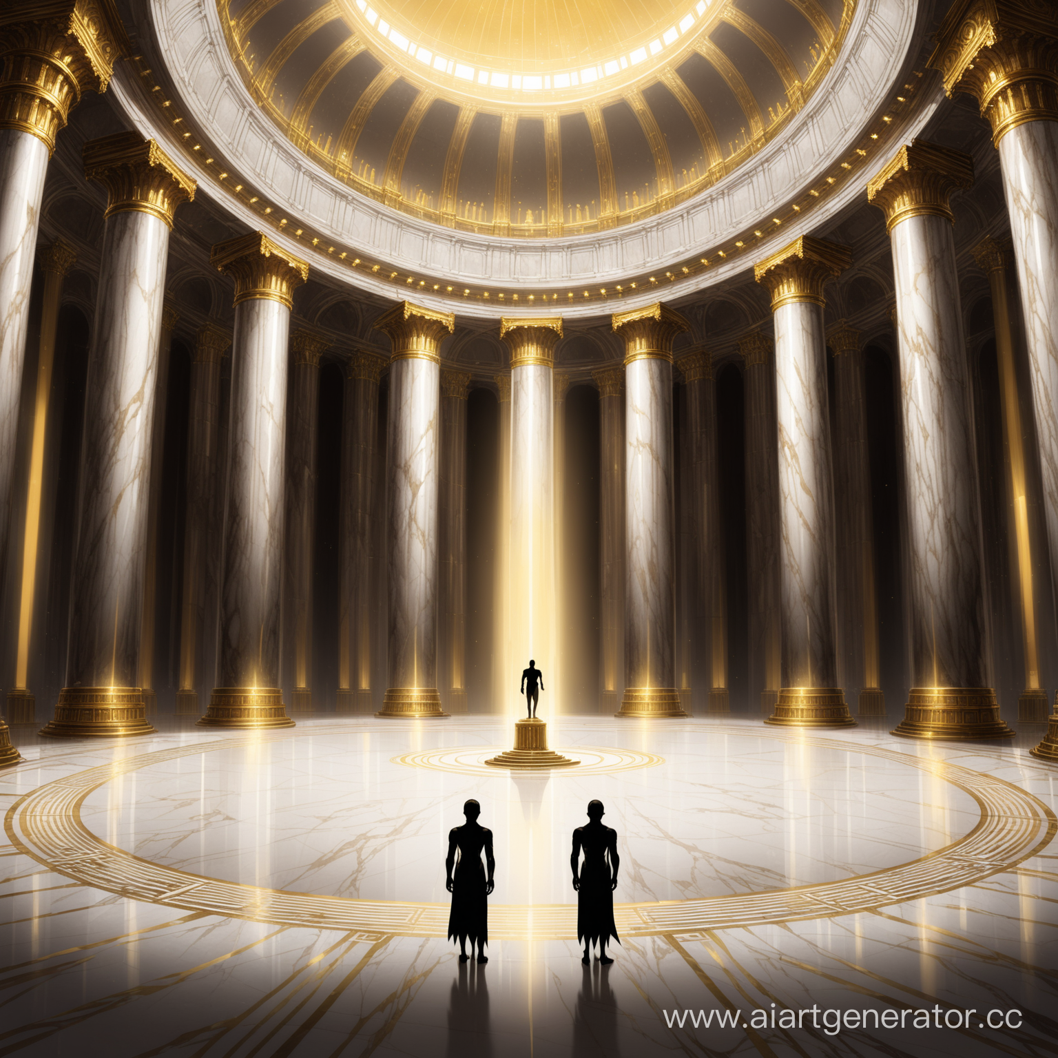 Огромный круглый мраморный зал, с золотыми колонами, в центре которого виднееться сиуэт четырех рукого гуманоида