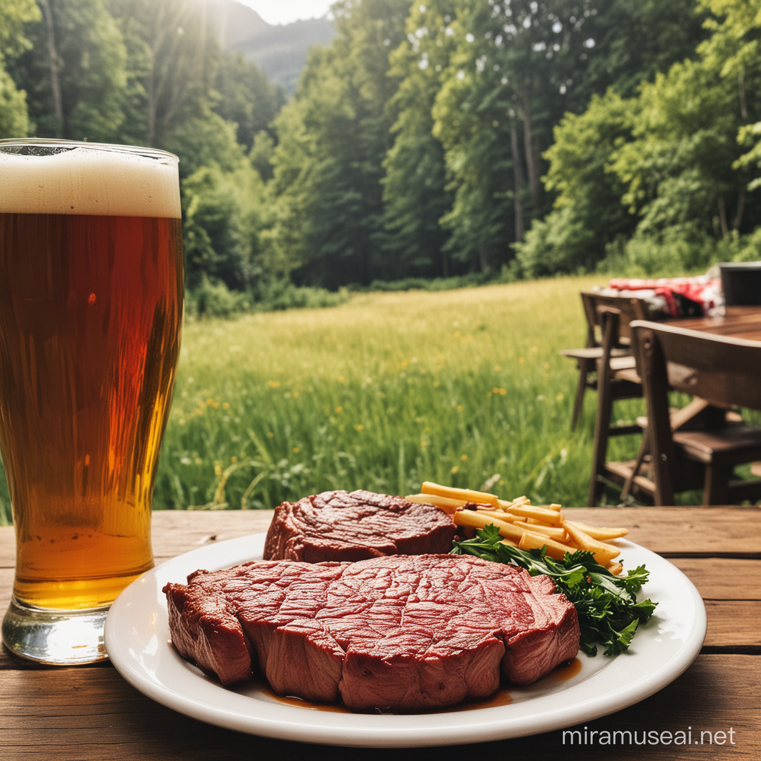Man Enjoying Grilled Steak and Beer in Natural Setting