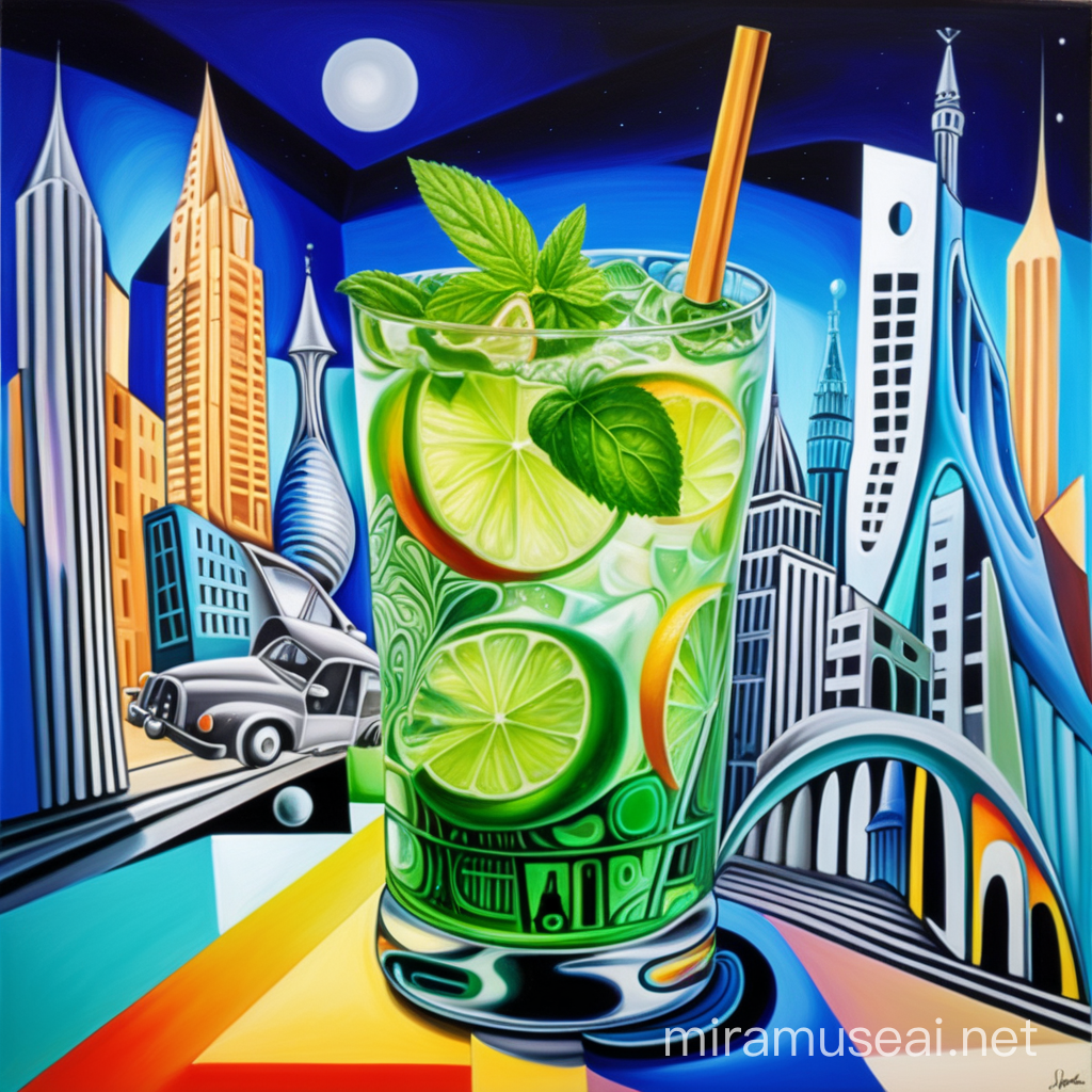 trippy mojito parts inside picasso style abstract with futuristic city in the back
