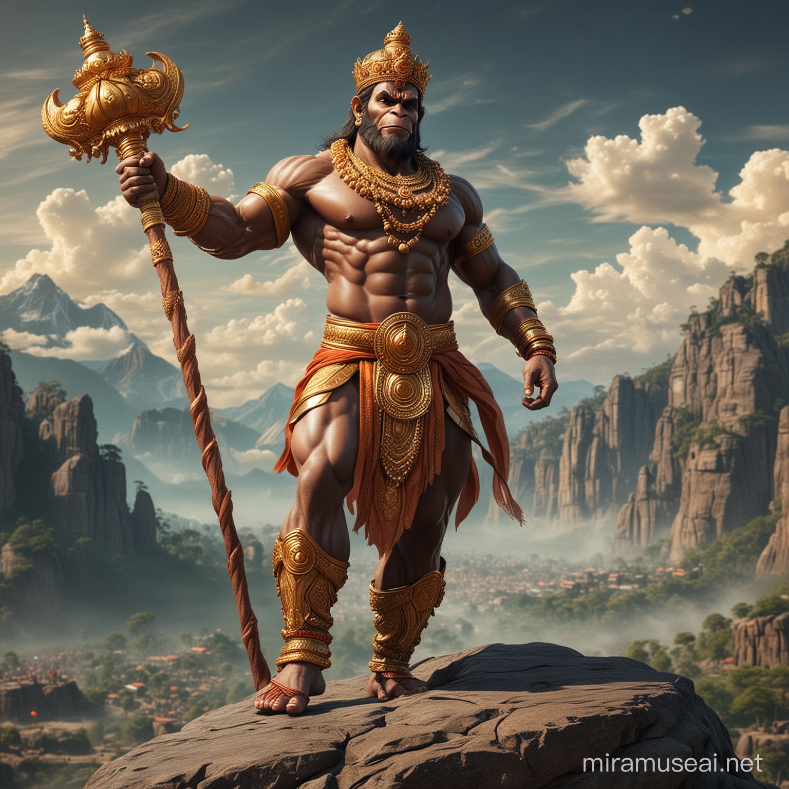 God Hanuman very muscular, tall, godly face, holding a long handle  huge Golden mace bomb in right hand, wearing crown, standing on a hill top, one leg stepping on a big rock, battle field in the background, detailed and intricate environment, dynamic pose, muscles defined with chiseled aesthetics, traditional attire draped elegantly, vivid, ultra realistic. 
Hanuman's face is depicted glowing with a divine radiance, symbolizing his divine nature and spiritual power. His aura signifies his purity, courage, and divine protection.
Hanuman is shown wearing a crown or headgear adorned with jewels, symbolizing his royal lineage and divine status as a deity.
Hanuman's face embodies a combination of strength, wisdom, devotion, and compassion.