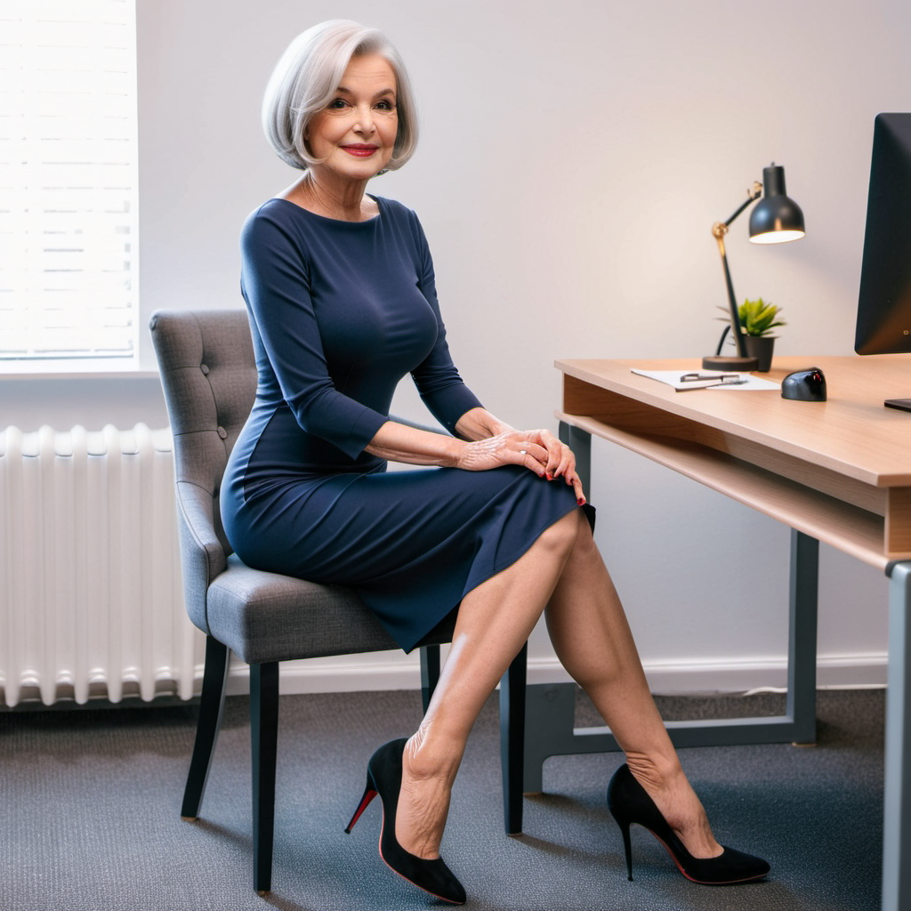  a slim beautiful 70-year-old woman with grey hair in a bob and big breasts wearing a skintight  navy dress and black louboutin stilettos sitting in an office
