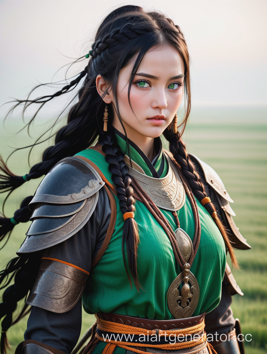 tall, beautiful green-eyed girl, big long braids on her shoulders, black hair, Mongolian armor, steppe, thick fog
