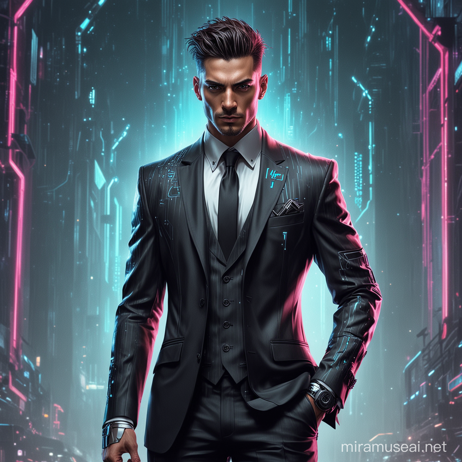 cyber punk man in an elegant suit, with futuristic background also cyberpunk looking forward