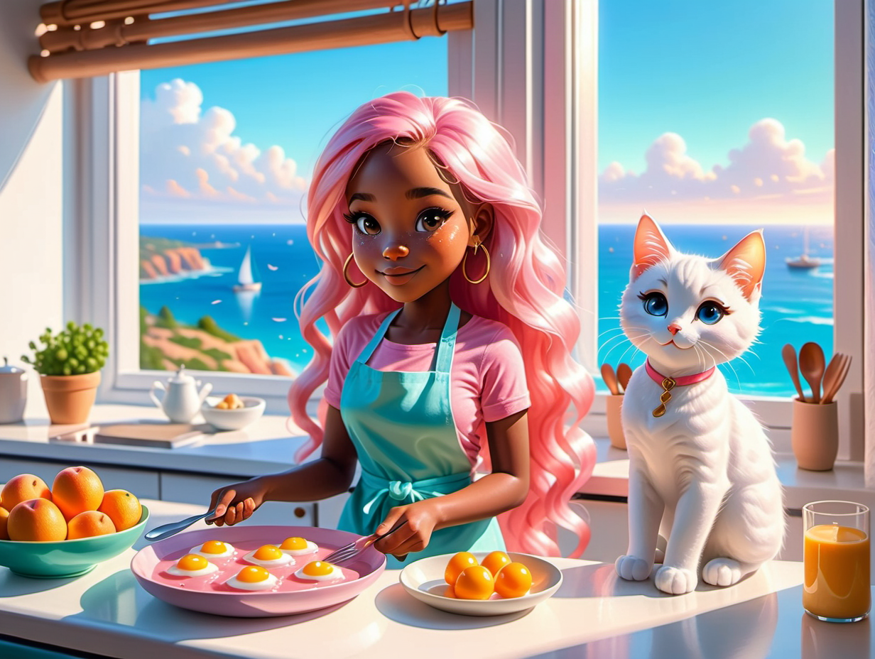 Beautiful African American Girl Cooking Breakfast with Blonde and White Kitty by the Sea