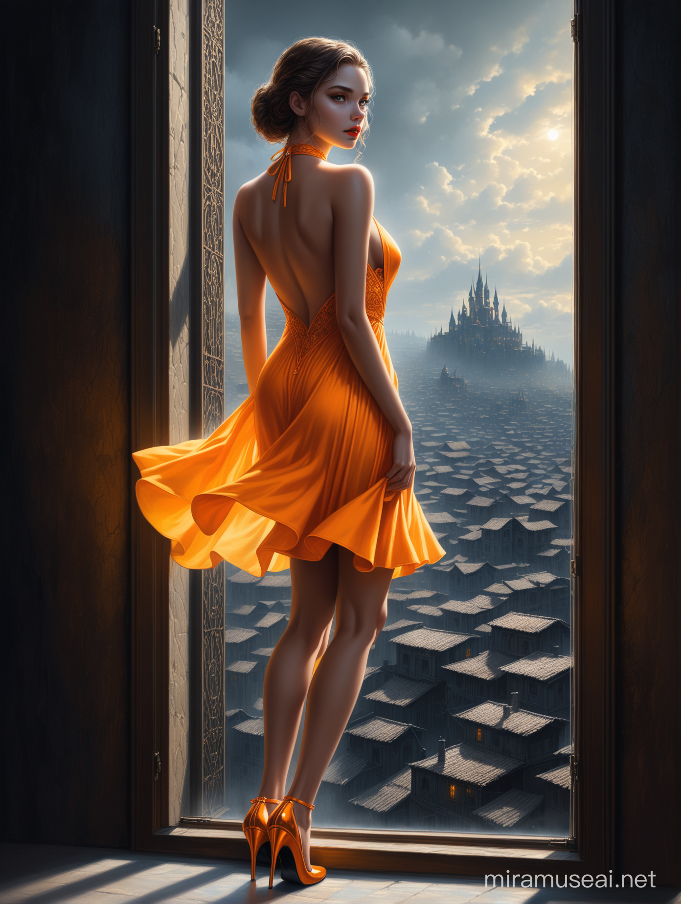 Neon Orange and Yellow Halter Dress Woman Gazing Anxiously Out Window