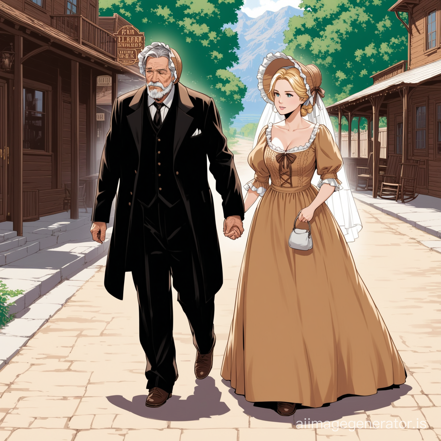 Susan Storm from the FF4 dressed as an old west farmer's wife wearing a calicot floor-length loose billowing old west poofy modest dress with a frilly bonnet walking on a old west era sidewalk with an old man dressed into a black suit who seems to be her newlywed husband