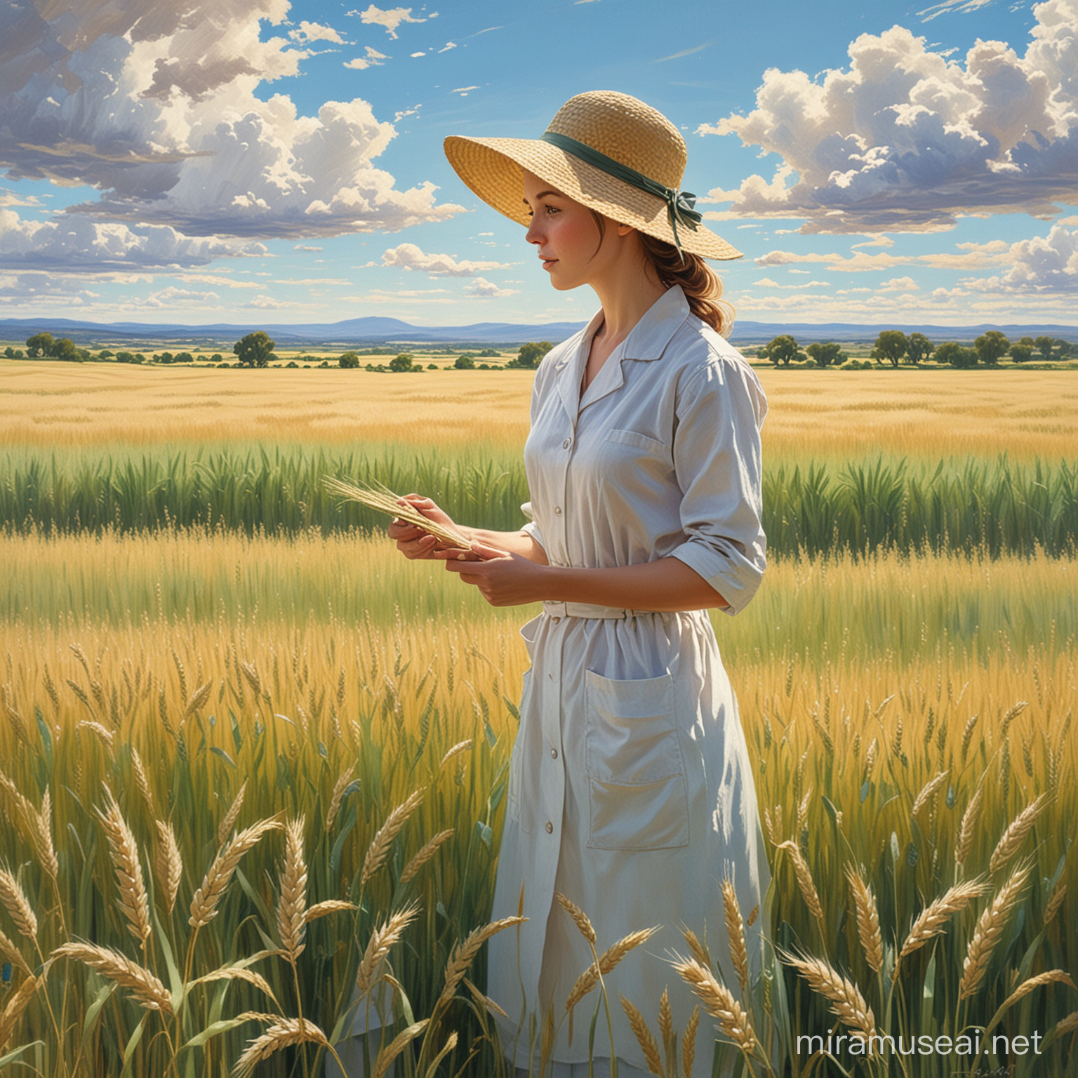 I want a pastel painting of a wheat field where the wheat is olive green and the sky is light blue with clouds.
At the same time, there was a laboratory doctor in a straw hat and white work clothes picking wheat.
