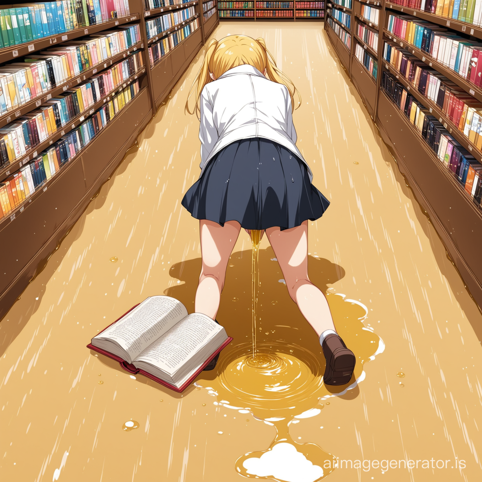 anime girl peeing on the floor of a book store with a puddle of pee on the floor