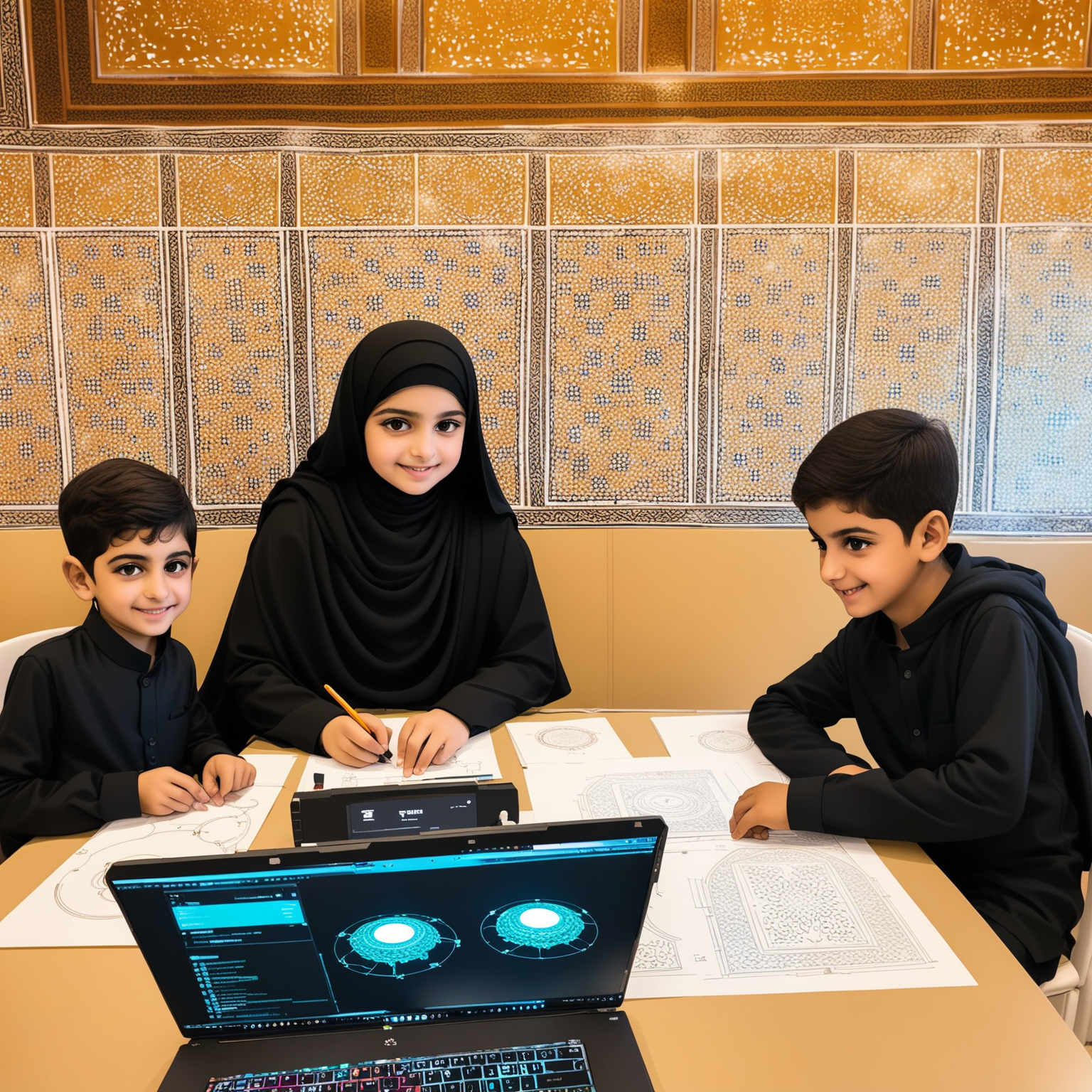 Defaults: Persian, Persian face, Persian language, Persian designs, super modern, high technology, 7 to 10 years old boys' favorite colors, 100 years have passed and now we are living in 2124.

Atmosphere is a big shed, some laptops, drone tuning devices, must be on the walls: one beautiful Imam Reza Shrine photo, monitors showing various drone components, one paper sketch of the drone.

Ali is a Persian 10 years old hard working boy, clothes full of Persian designs, cute, smaller eyes, bigger nose, white skin, smiling.

Taha is a team of 2 to 7 members of professional boys, they are 7 to 10 years olds, they are working with laptops, clothes full of Persian designs, cute, smaller eyes, bigger nose, white skin, smiling.

Yaseen is a super modern high technology drone containig camera and advanced components.

Ali is more important than Yaseen and is front of Yaseen.

Yaseen is next to the Ali on the table, Ali is designing another drone like Yaseen on paper at the table.