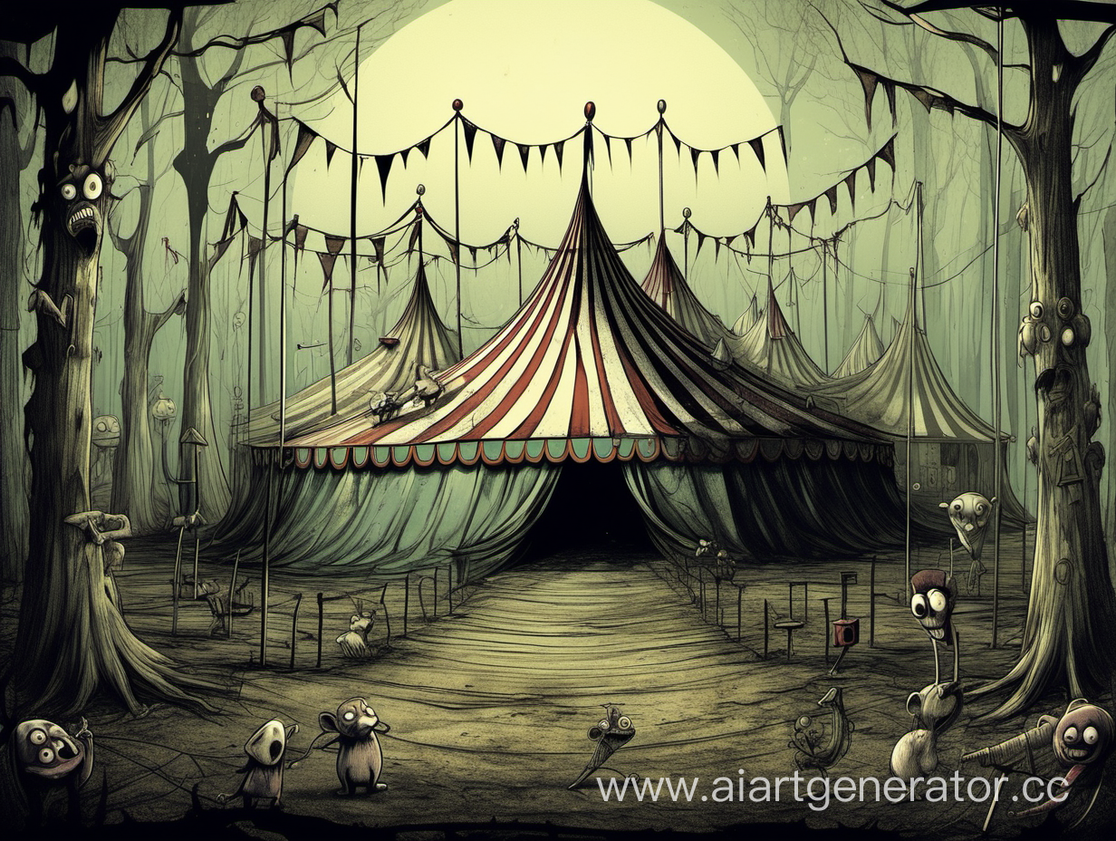 Forgotten circus, abandoned circus, horror, forest, cartoon style, Tim Burton, without inscriptions