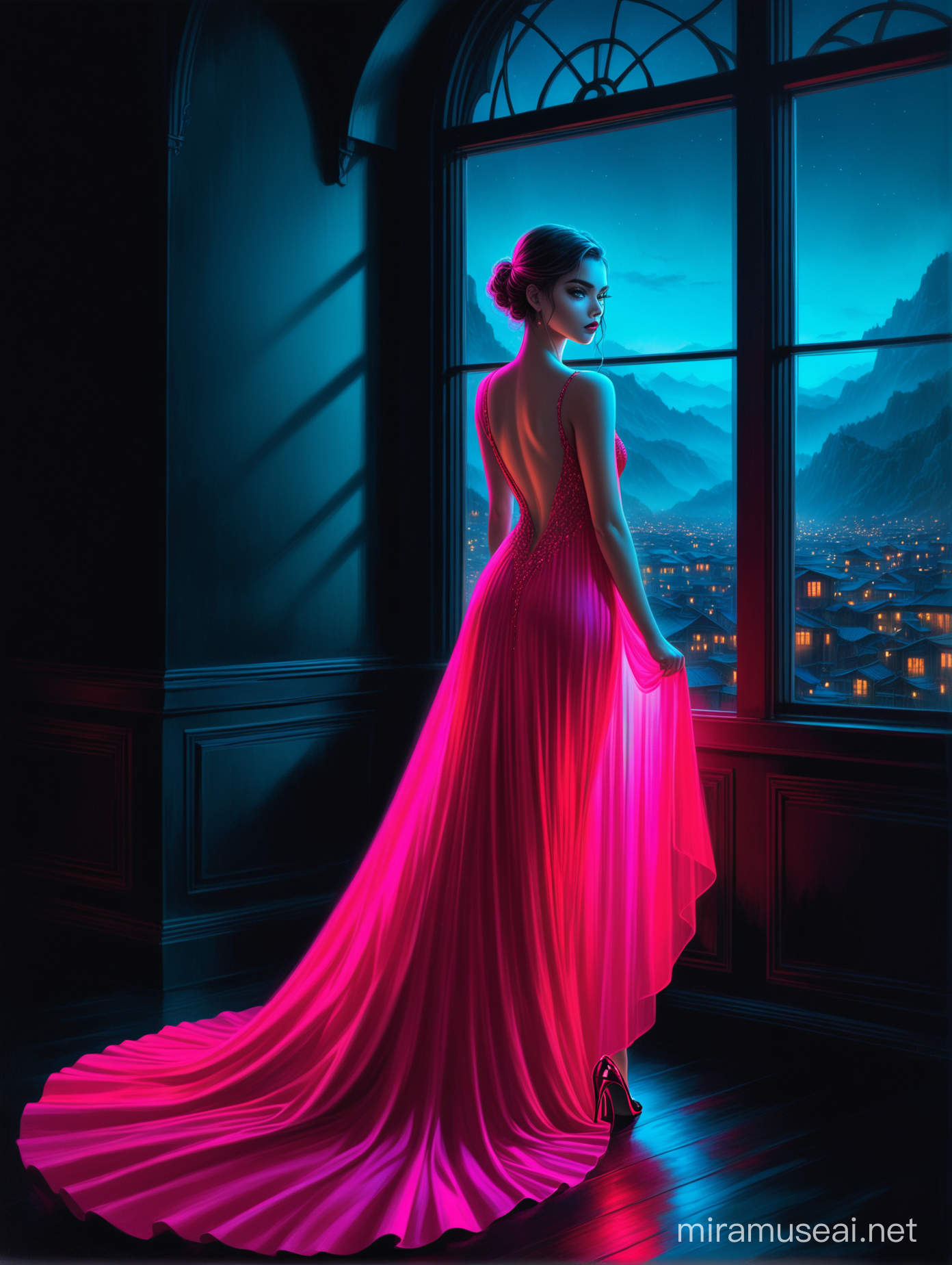 Aivision,neon  colors, full body of beautiful young women, prety eyes, full red lips, she is wearing  evening dress Exposed back , she is wearing Stunning heels , she looks out the window anxiously , dark environment and gloomy(neon color outside) , image realistic , fairy tale , realistic facial features .Extremely detailed , intricate , beautiful , fantastic view , elegant , crispy quality Federico Bebber's expressive,Strong color