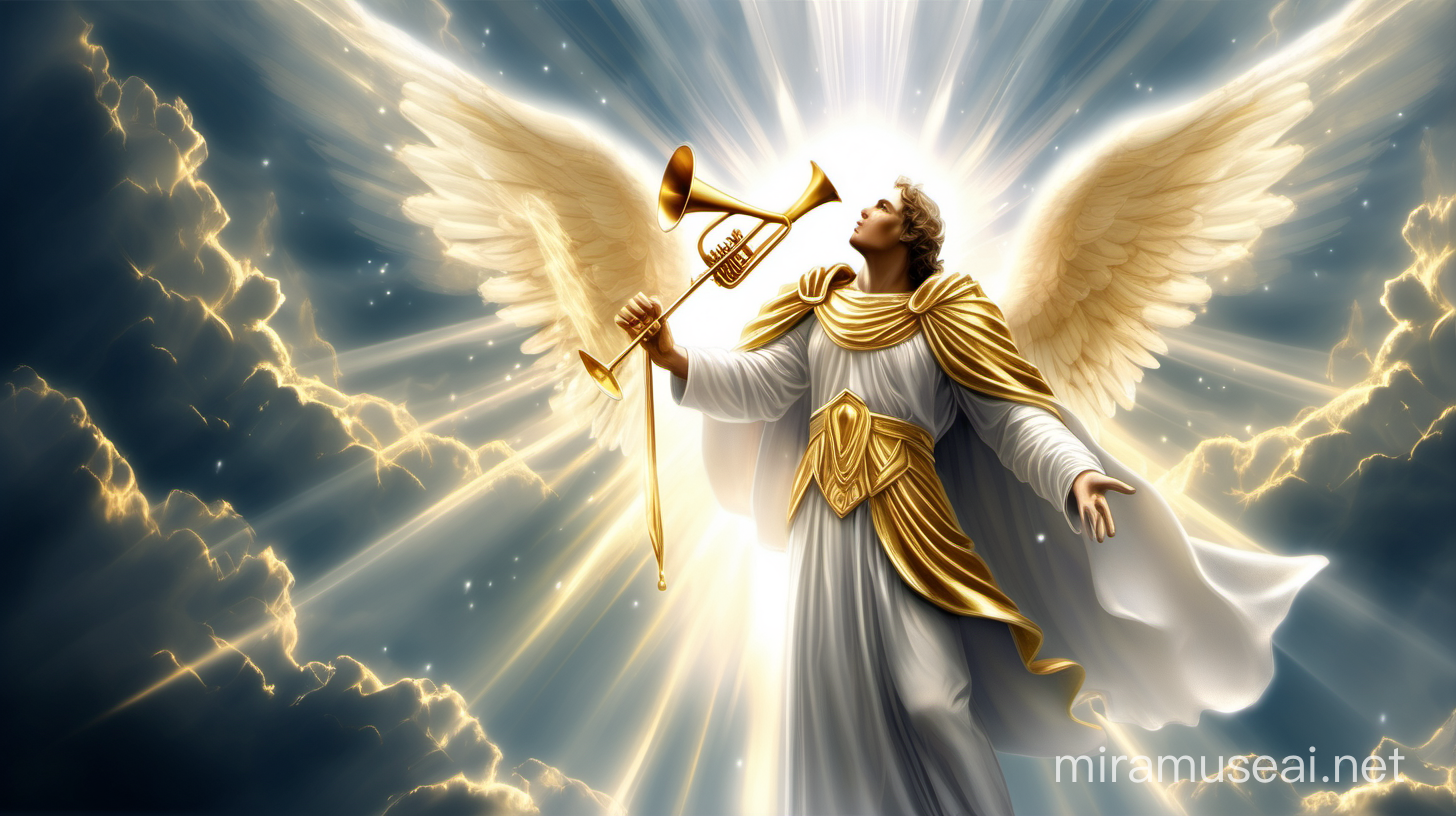 Majestic Archangel Playing Golden Trumpet in Heavenly Atmosphere