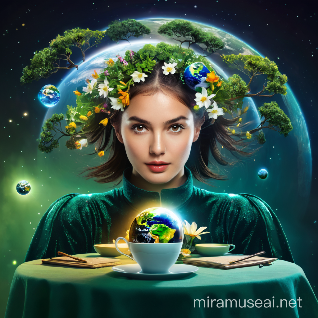 VISICANVAS style, VisiCanvas style, art style, glowing shinning, Generate a high-quality AI art piece GIRL sitting behind the table, flowers and trees in her hair, in the table cup with sphere of PLANET EARTH,  realistic magic style 