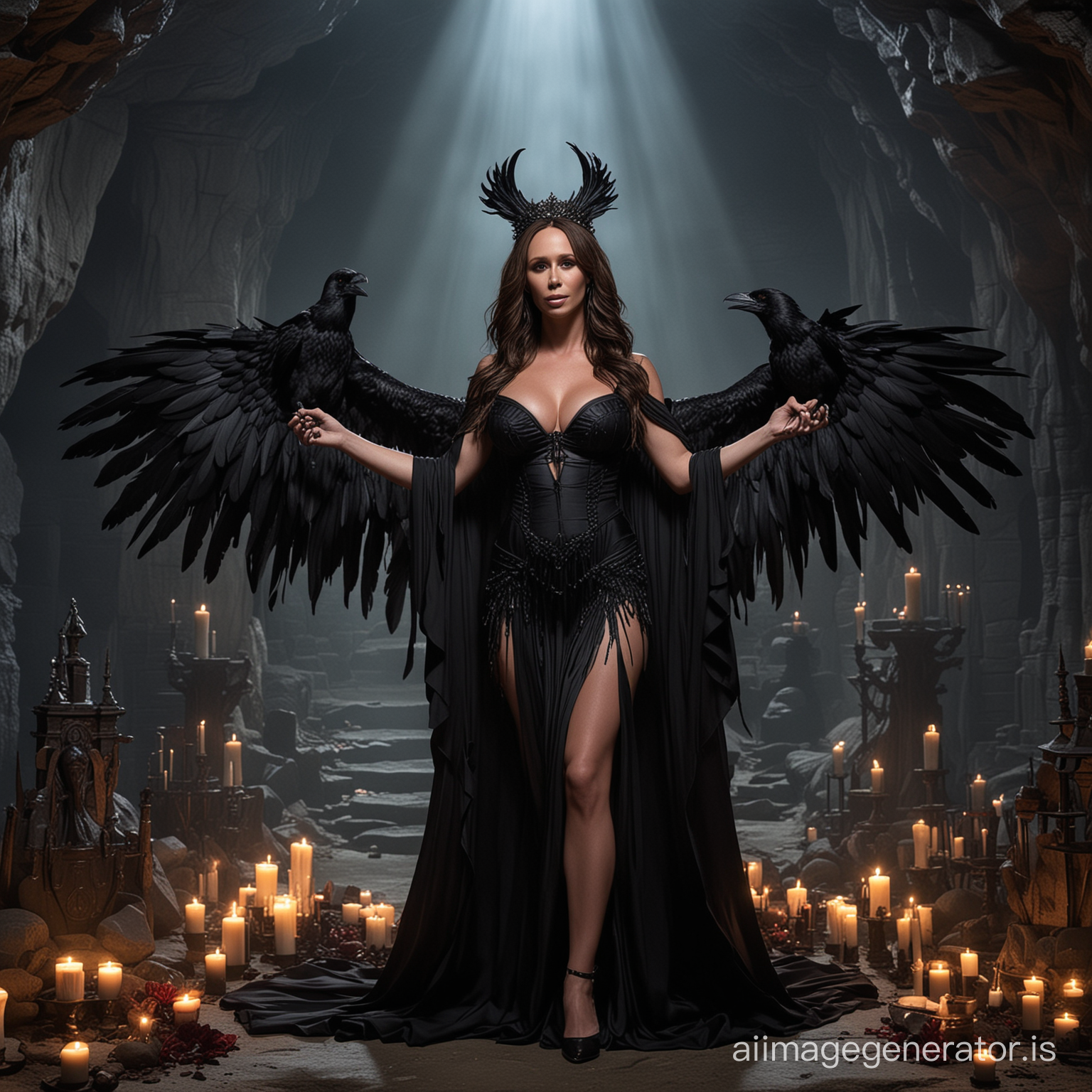 Busty Jennifer Love Hewitt standing at an altar in a dark cave, dressed in the style of a raven queen, being worshipped by followers, dnd style