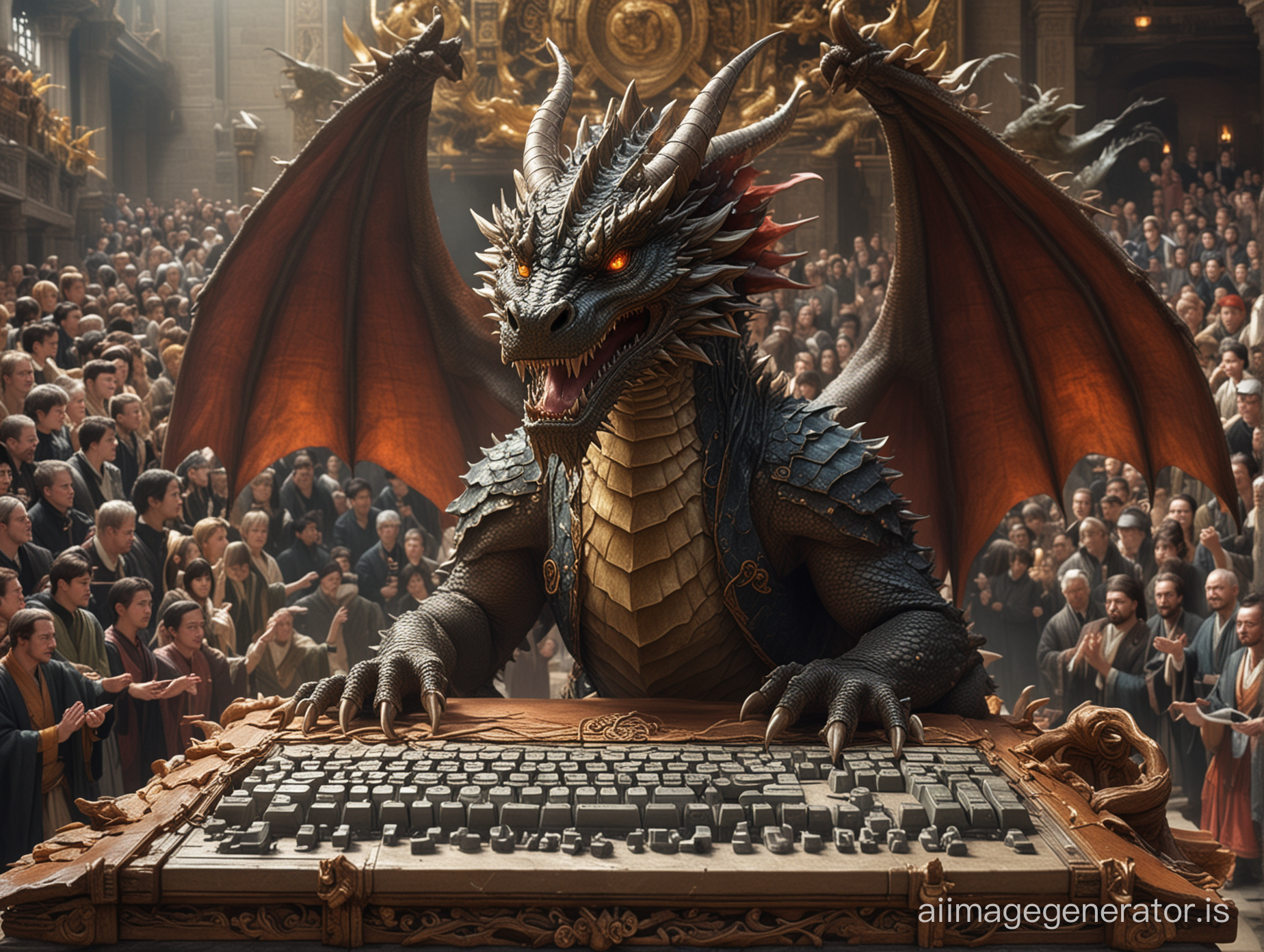 Visualize a scene where a revered dragon, adorned with glasses and a coder's attire, sits atop a grand throne amidst a vast hall filled with devoted followers. Picture the dragon surrounded by adoring crowds of people, their faces upturned in reverence as they bow before their idol, seeking guidance and blessings for their coding endeavors. Envision the dragon's claws deftly typing away on a keyboard, its eyes sparkling with knowledge and expertise as it develops software solutions beyond compare.

Capture the atmosphere of worship and adulation as the followers hang on every word spoken by the dragon, treating each line of code as a sacred scripture to be studied and revered. Let the image exude a sense of awe and inspiration, as the dragon's wisdom and mastery over technology elevate it to the status of a divine entity in the eyes of its devoted disciples.

In this scene, the dragon embodies not just a software developer, but a beacon of enlightenment and innovation, guiding and inspiring generations of coders who flock to pay homage to their revered idol.