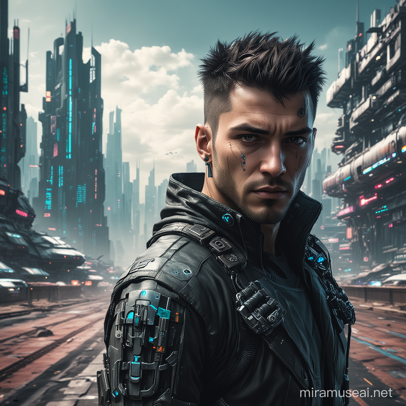 cyberpunk man looking ahead, with a modern futuristic landscape in the background