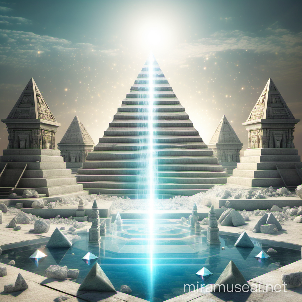 Mystical White Pyramid Temple Surrounded by Crystals and Water