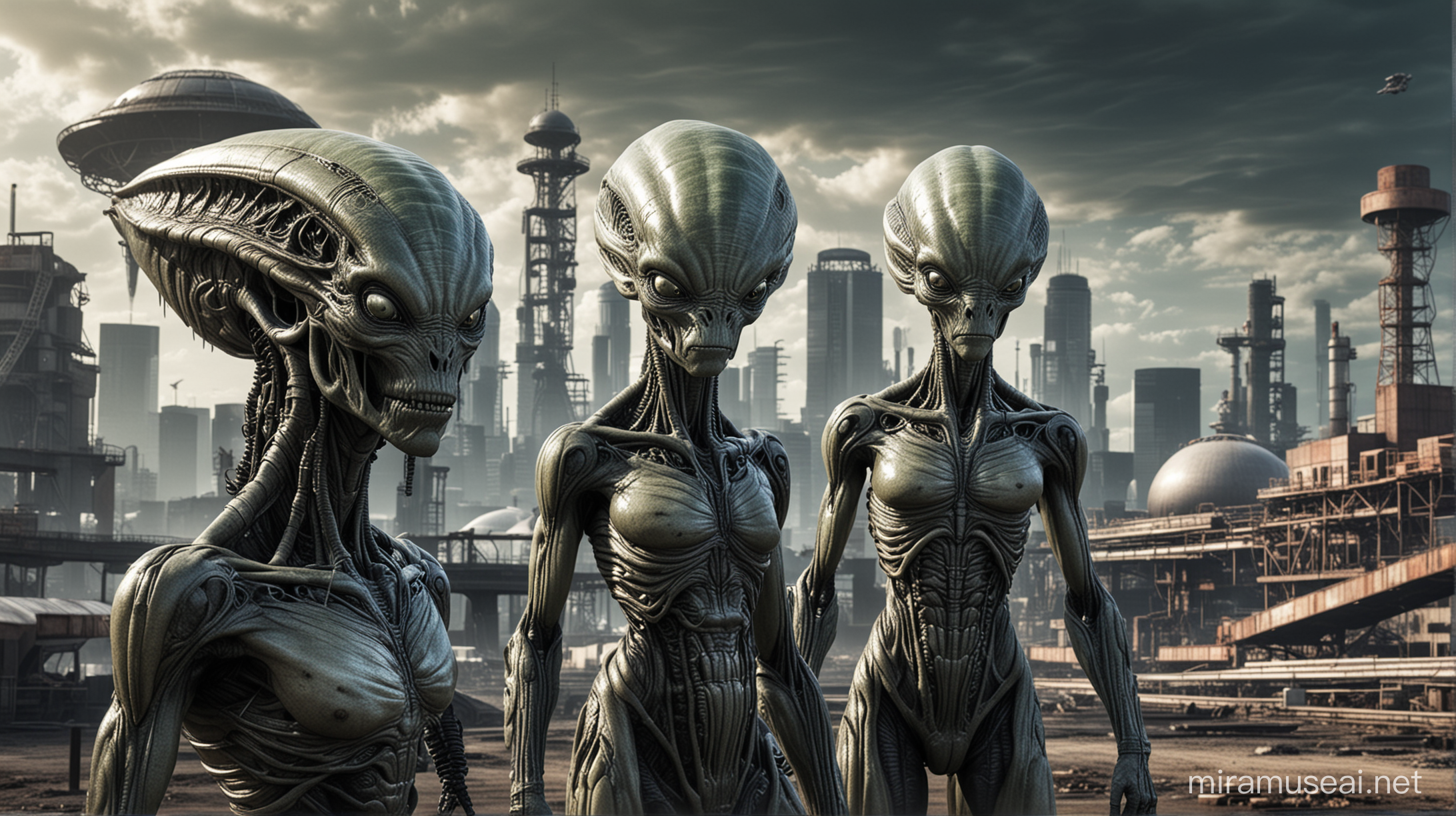 Aliens Exploring Futuristic Industrial Landscape