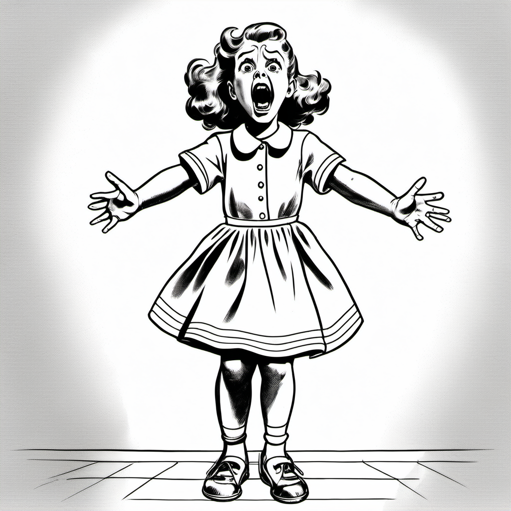 black and white drawing of full body of scared, screaming girl from 1950s looking straight ahead and dressed in white with ALL WHITE BACKGROUND for coloring 