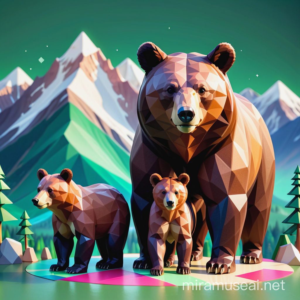 Polygonal mama bear and cub with mountains and nature