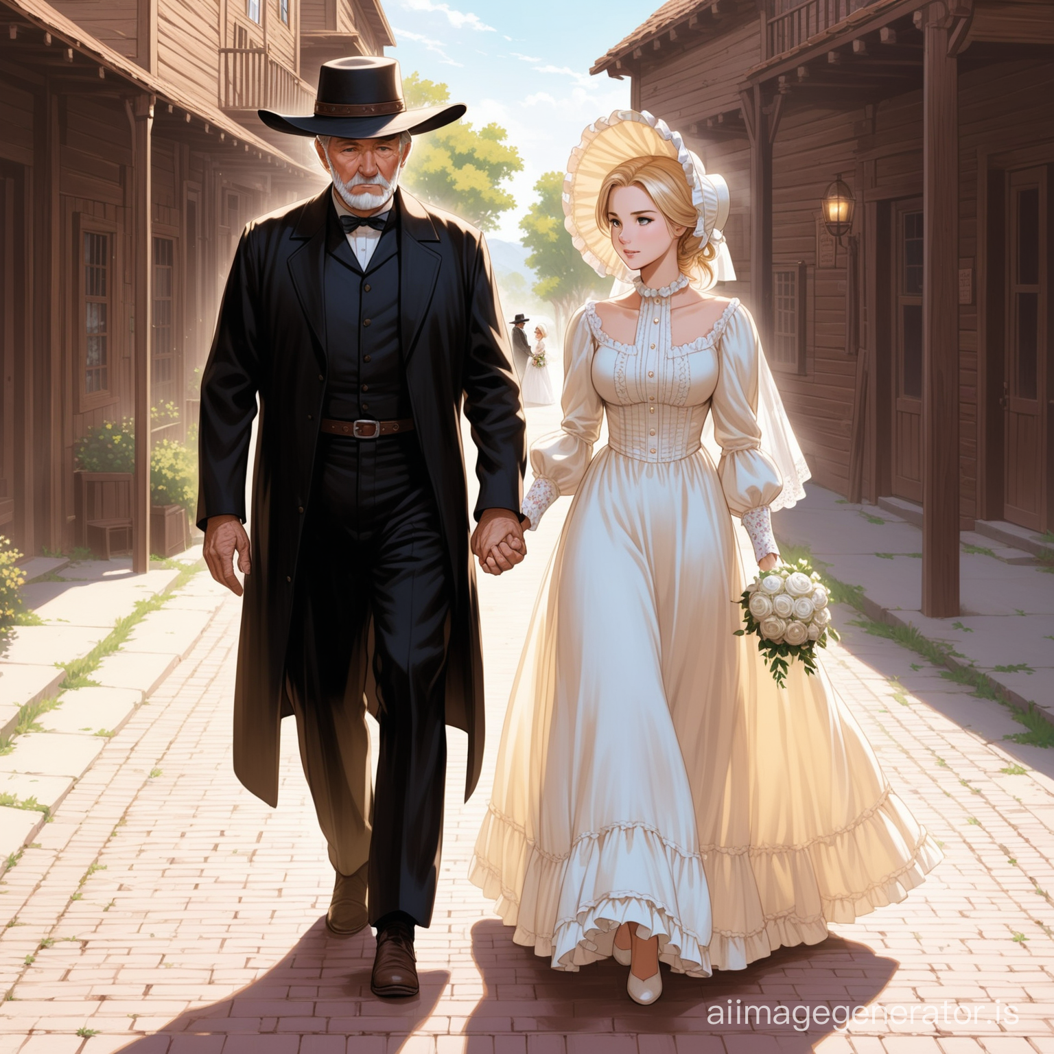 Susan Storm from the FF4 dressed as an old west farmer's wife wearing a calicot floor-length loose billowing old west poofy modest dress with a frilly bonnet walking on a old west era sidewalk with an old man dressed into a black suit who seems to be her newlywed husband