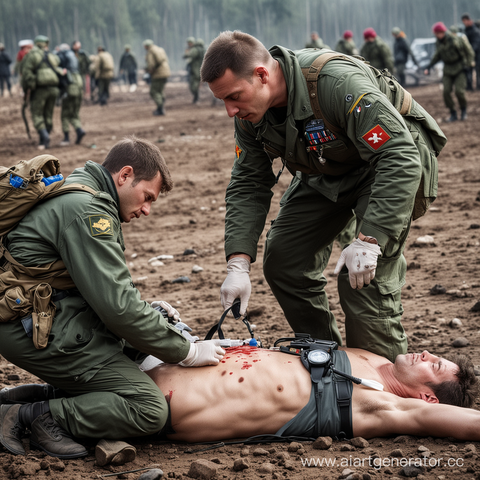 Военный врач России в 21 веке оказывает медицинскую помощь раненному 
на поле боя