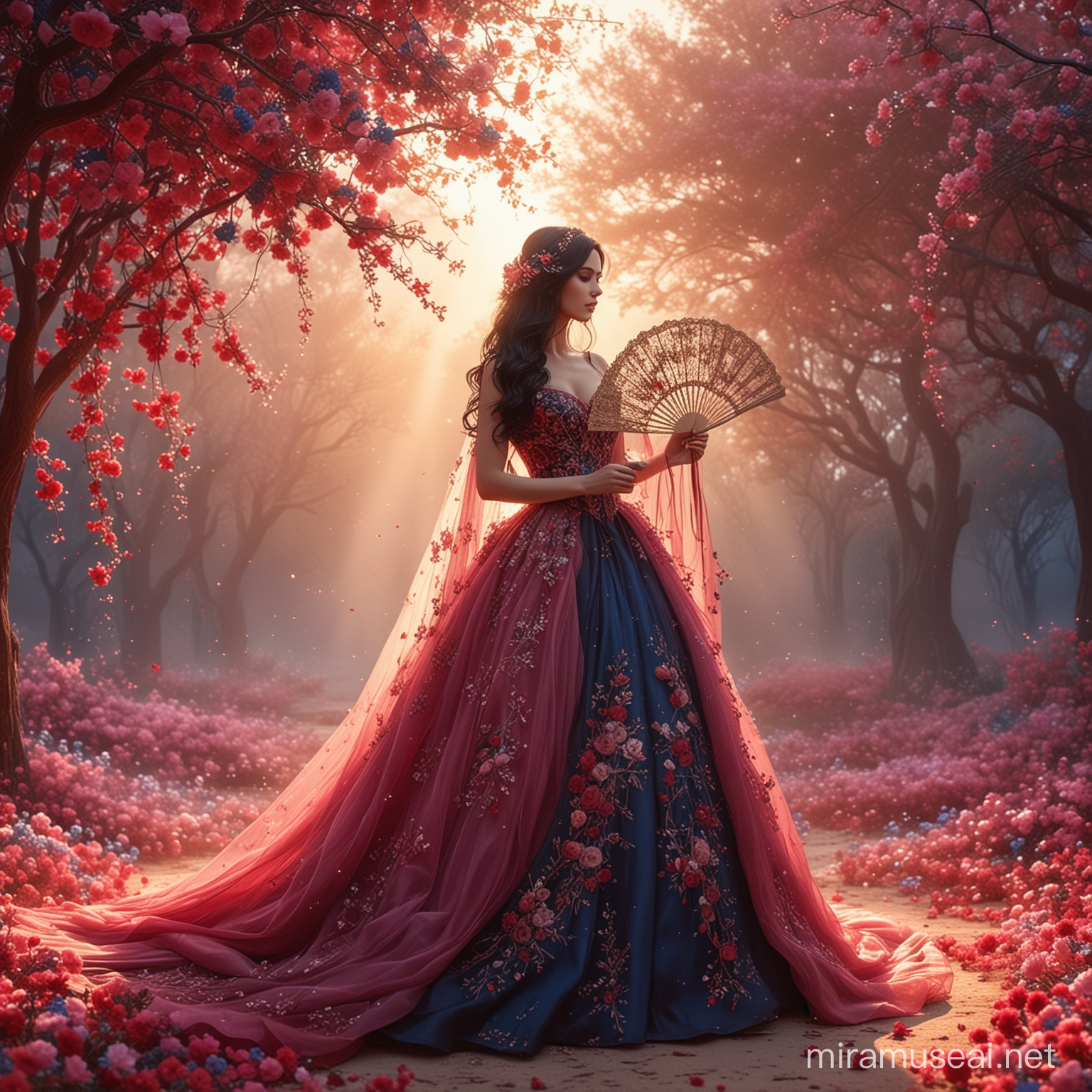 A beautiful woman, holding an elegant fan, standing up under a big floral tree, surrounded by dark pink dust and small dark blue flowers. Long wavy black hair. Elegant long red wedding dress,embroidering bridal veil, haute couture. Background sky with golden light. 8k, fantasy, illustration, digital art, illustration art, fantasy art, fantasy styl
