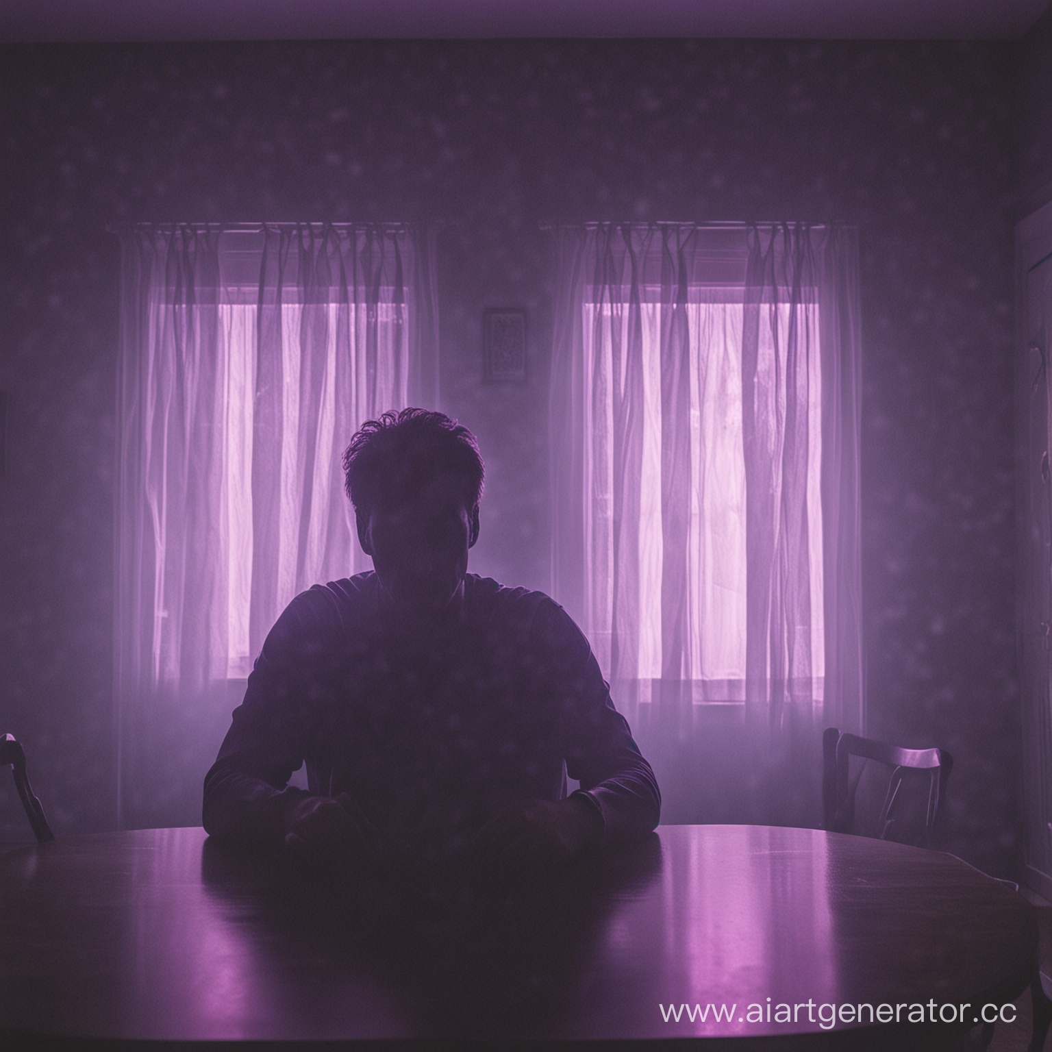мужчина лицо которого не видно в темноте сидит за столом и светит фиолетовый свет из окна