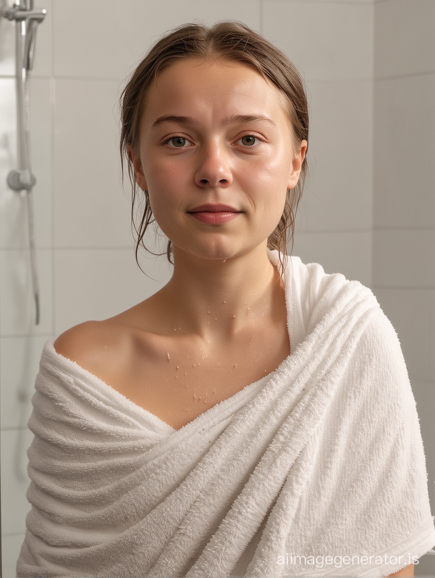 Greta Thunberg in shower, with handtowel full body capture