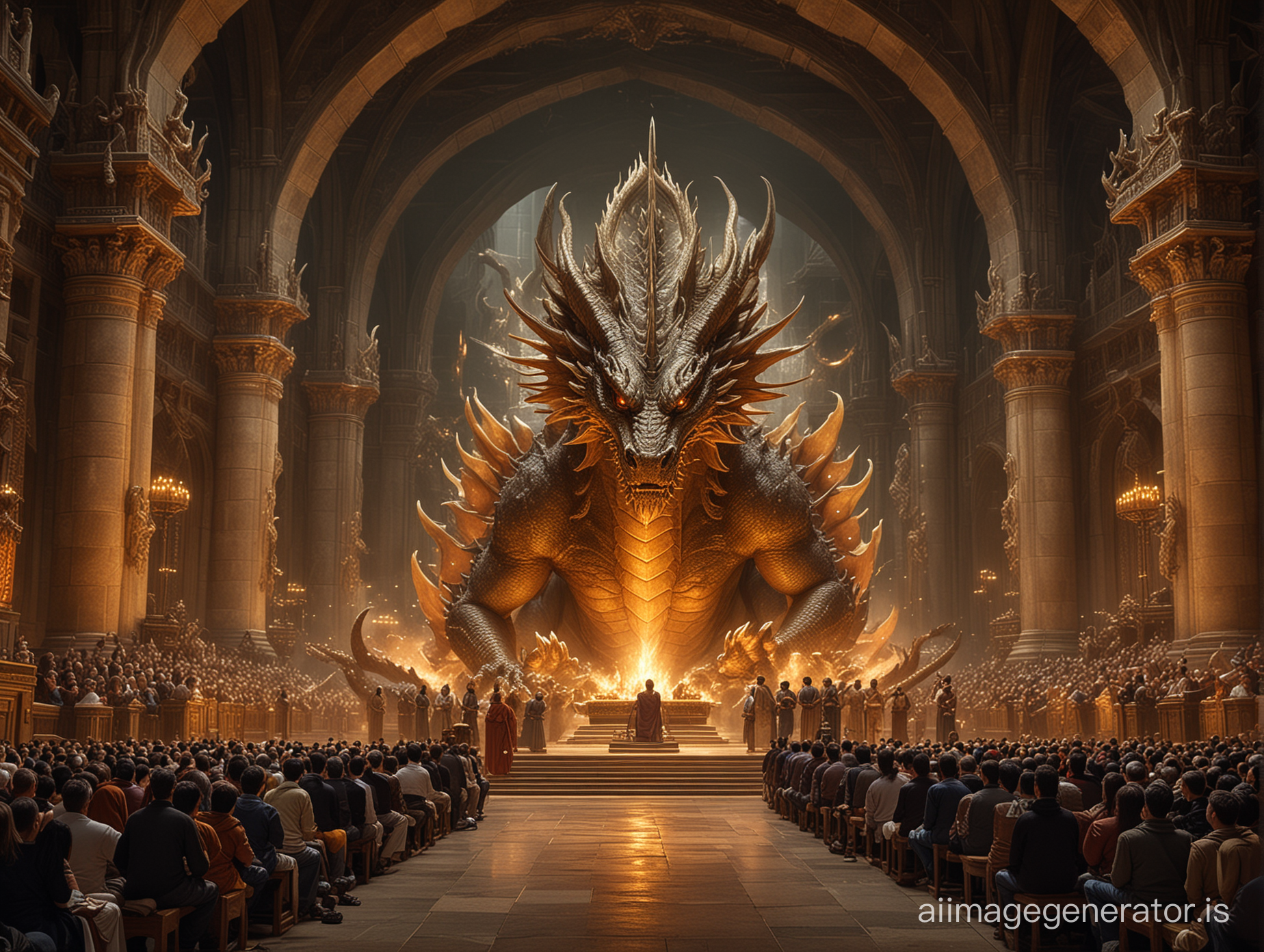 captivating image portraying a dragon in the likeness of a revered programmer, seated prominently amidst a grand hall. Surrounding the dragon, envision a multitude of worshippers, numbering in the hundreds, kneeling in reverent devotion. Capture the awe-inspiring presence of the dragon, adorned with symbolic coding elements, as it gazes upon the gathered throng with a wise and benevolent demeanor.

Let the scene brim with solemnity and reverence as the worshippers raise their hands in homage, their faces illuminated by the dragon's divine radiance. Ensure that each detail reflects the profound sense of adoration and respect for the programmer dragon, whose wisdom and guidance are revered by all who gather in its presence.

In this sacred moment, convey the spiritual significance of the scene, portraying the dragon as a beacon of inspiration and enlightenment for humanity, guiding its followers on a path of technological discovery and innovation. Let the image resonate with the transformative power of belief and devotion, as the worshippers find solace and purpose in the presence of their divine programmer deity